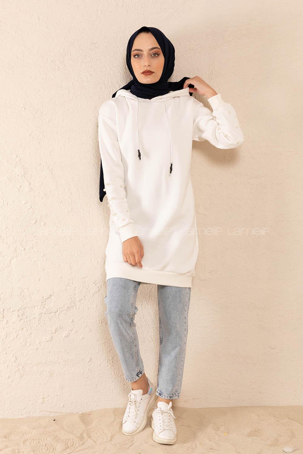 Modalamelif Düz Renk Kol İncili Sweatshirt Beyaz