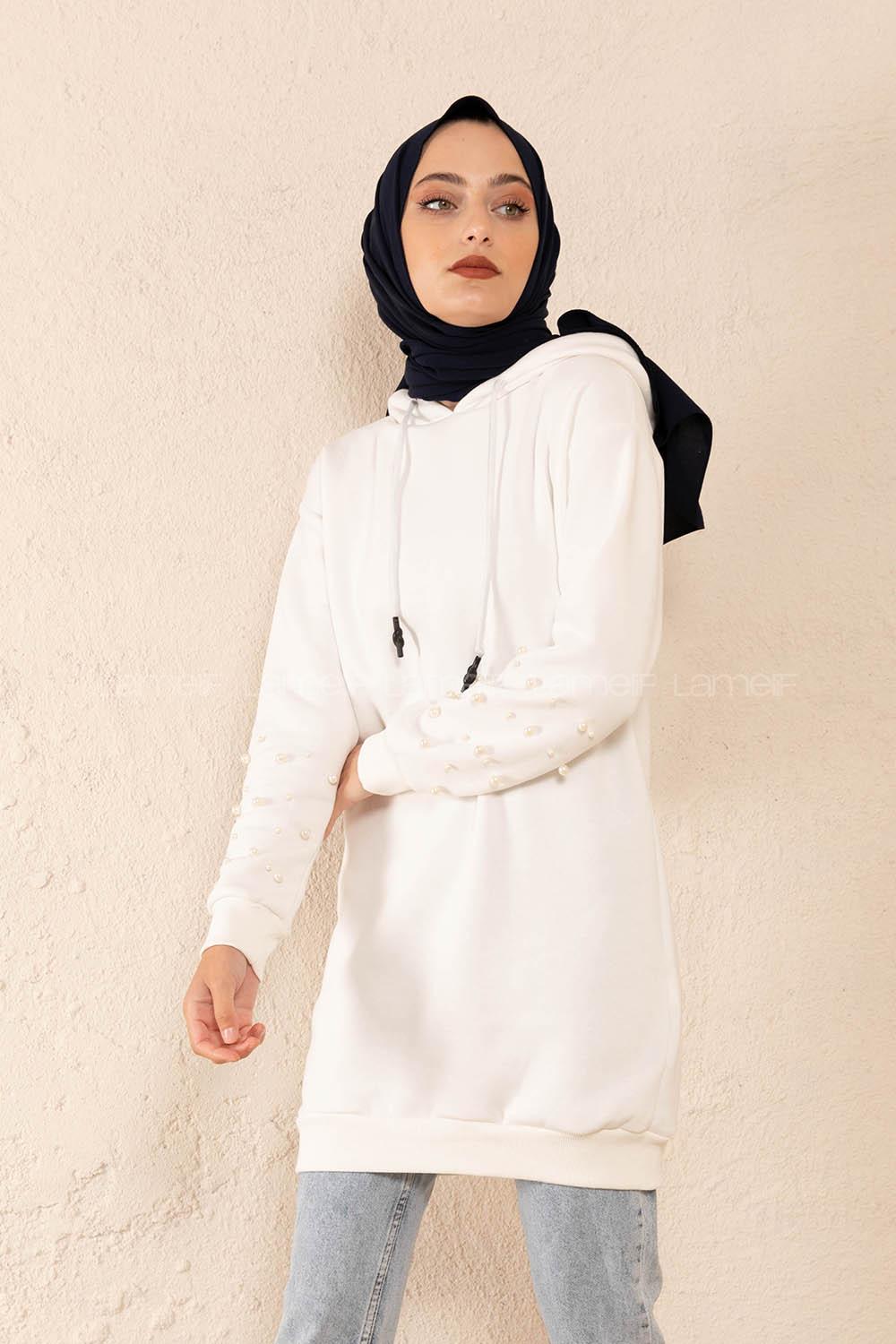 Modalamelif Düz Renk Kol İncili Sweatshirt Beyaz