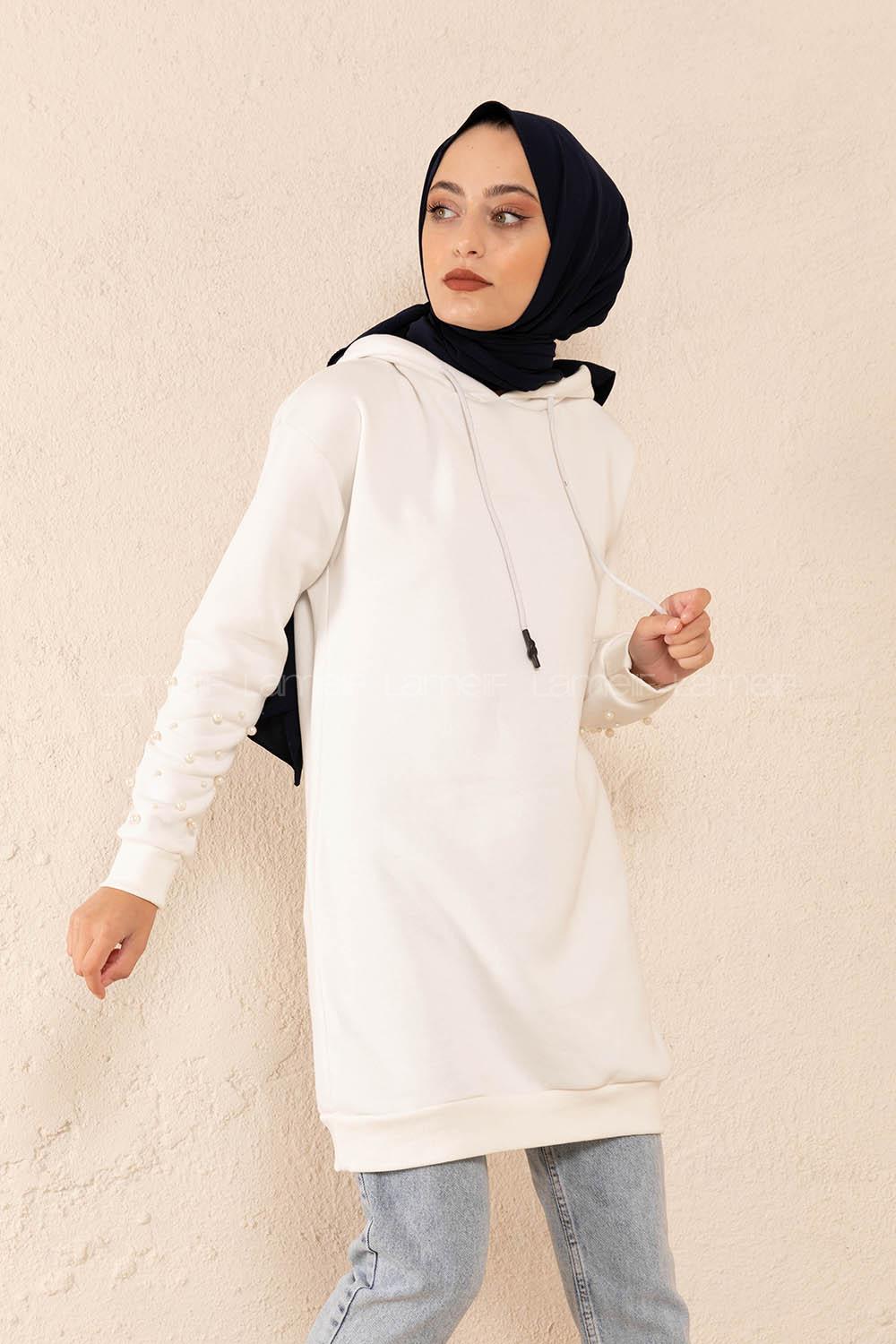 Modalamelif Düz Renk Kol İncili Sweatshirt Beyaz