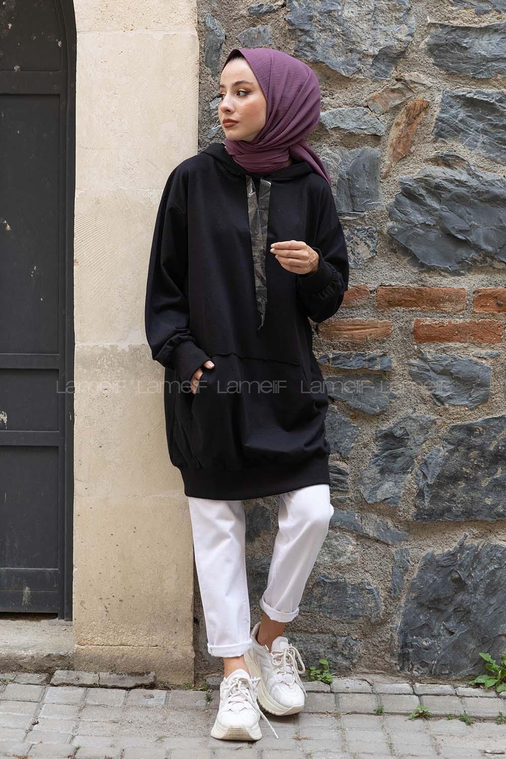 Modalamelif Kapşonlu Kanguru Cep Salaş Sweatshirt Siyah