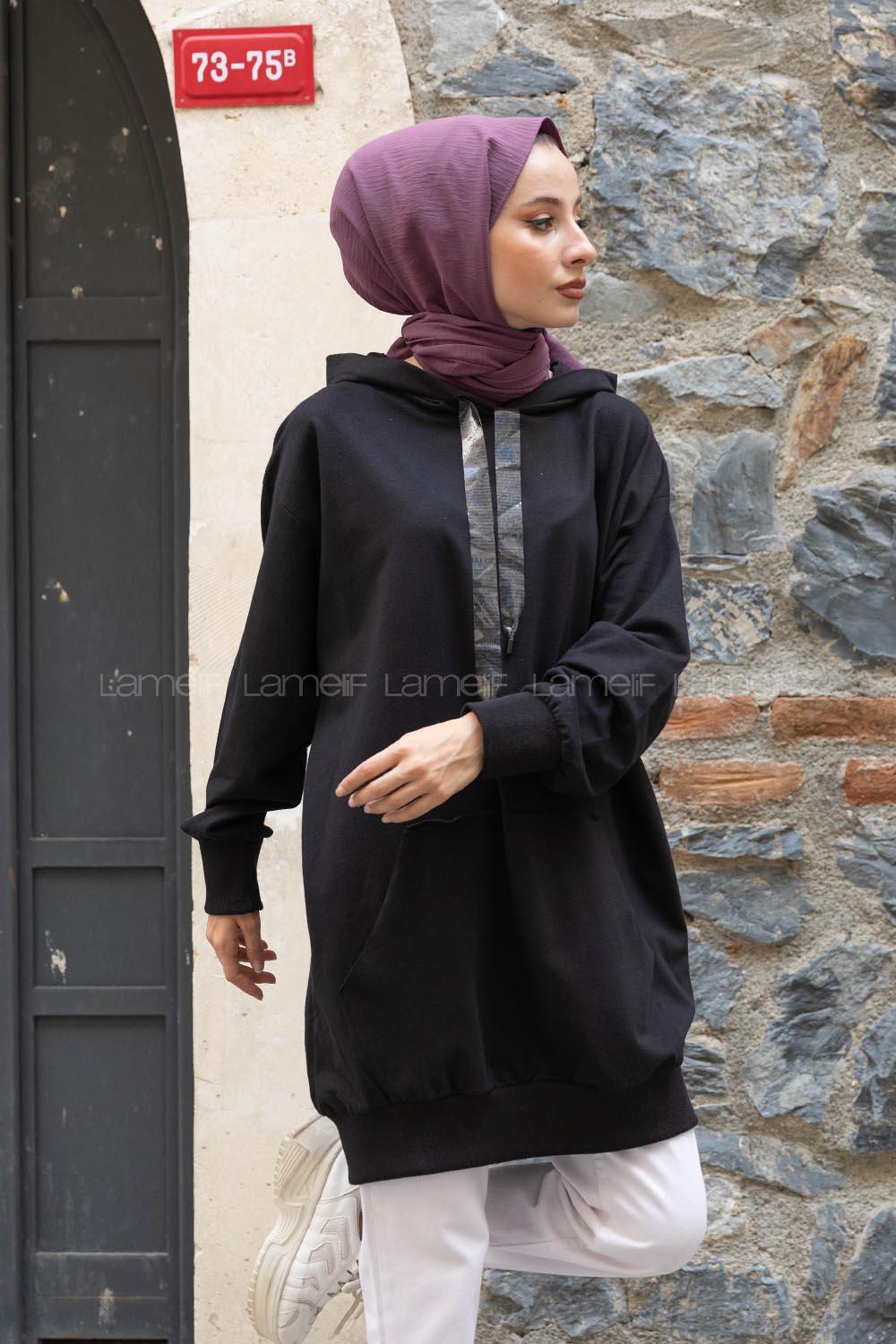 Modalamelif Kapşonlu Kanguru Cep Salaş Sweatshirt Siyah