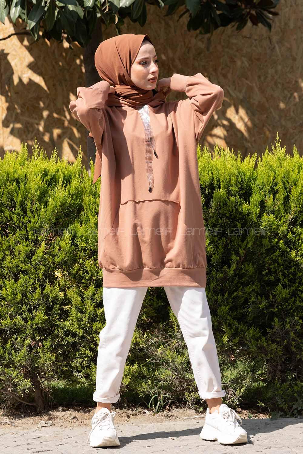 Modalamelif Kapşonlu Kanguru Cep Salaş Sweatshirt Sütlü Kahve