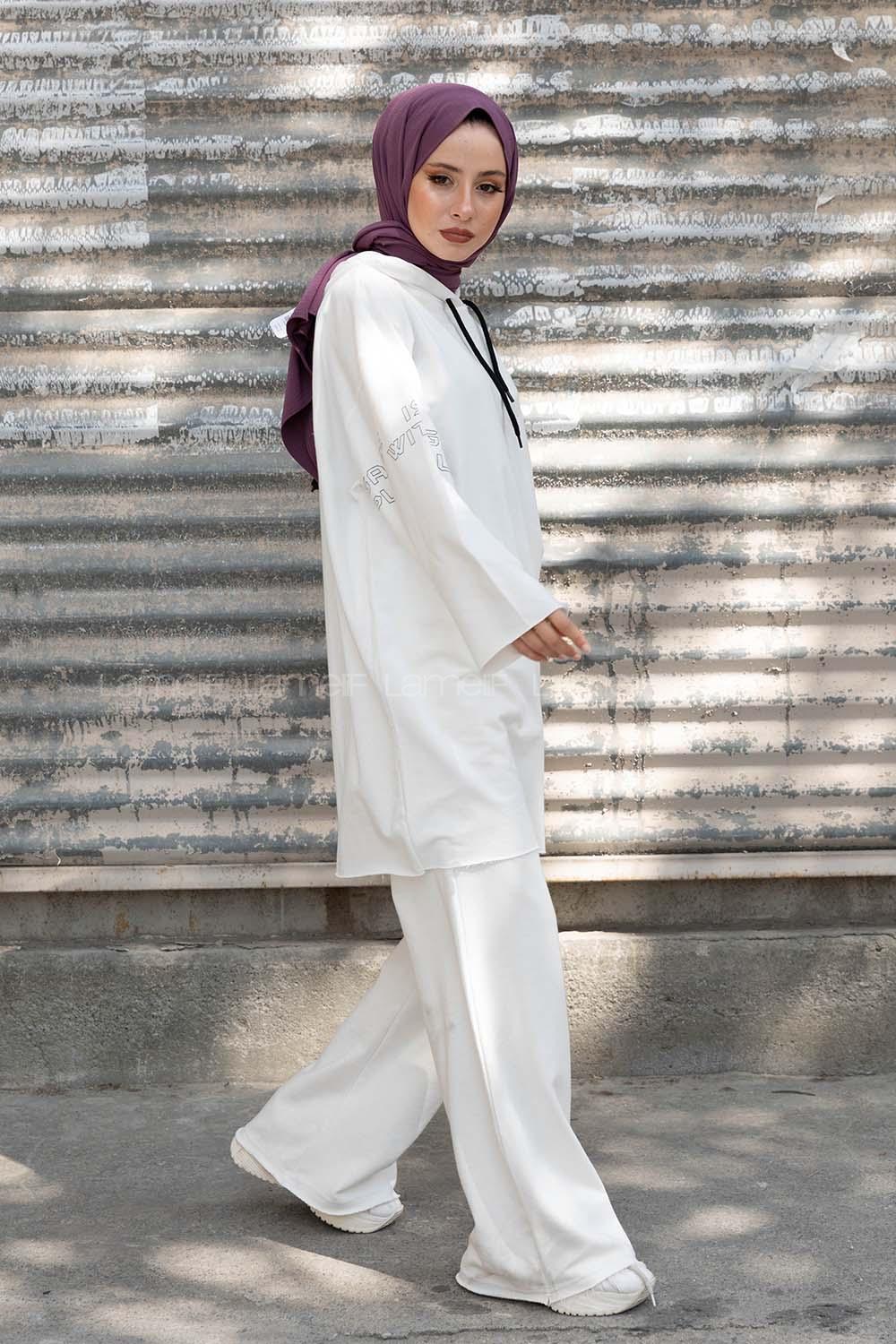 Modalamelif Kolu Baskılı Sweatshirt Beyaz