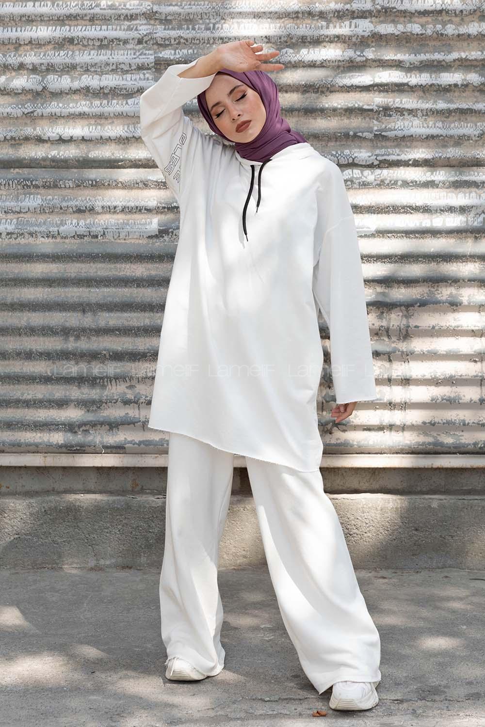 Modalamelif Kolu Baskılı Sweatshirt Beyaz