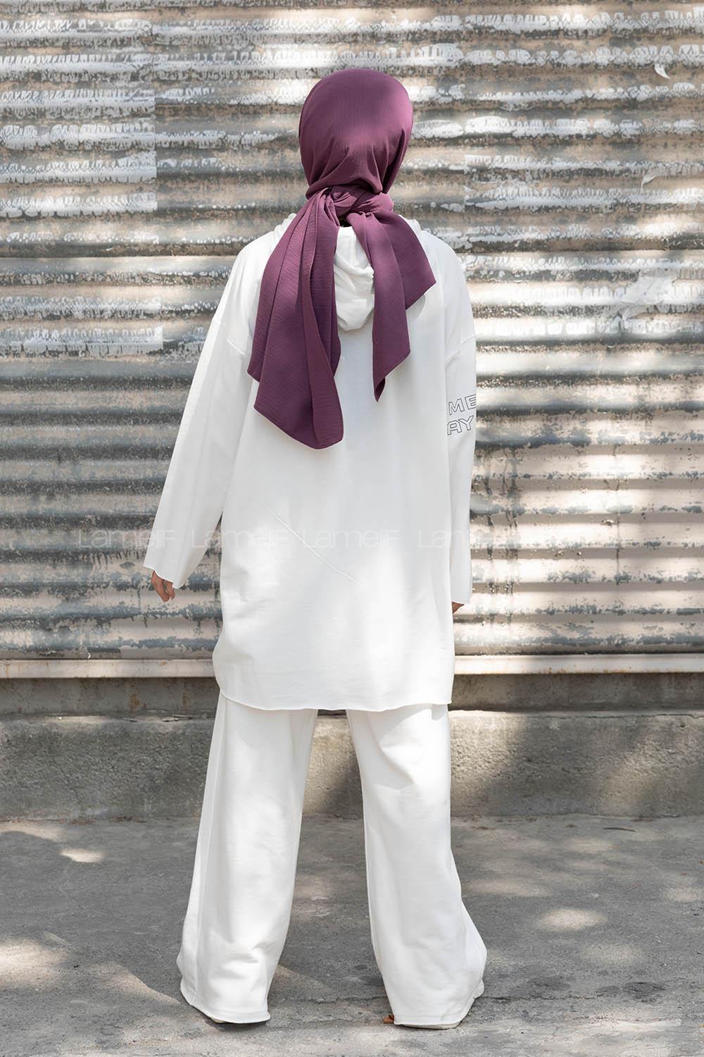 Modalamelif Kolu Baskılı Sweatshirt Beyaz