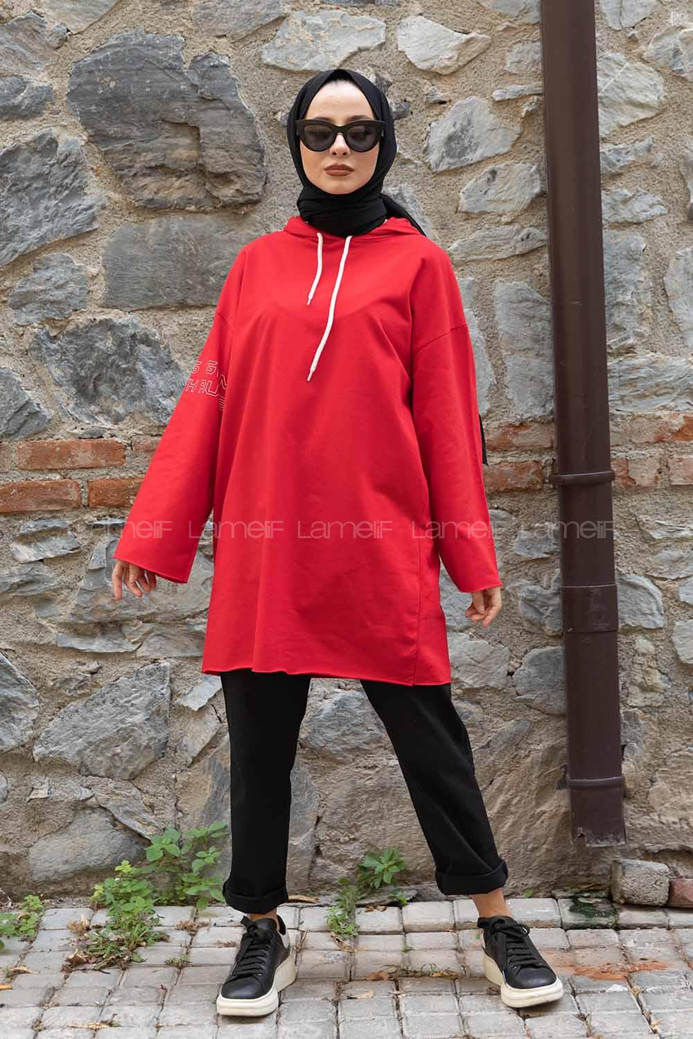 Modalamelif Kolu Baskılı Sweatshirt Kırmızı