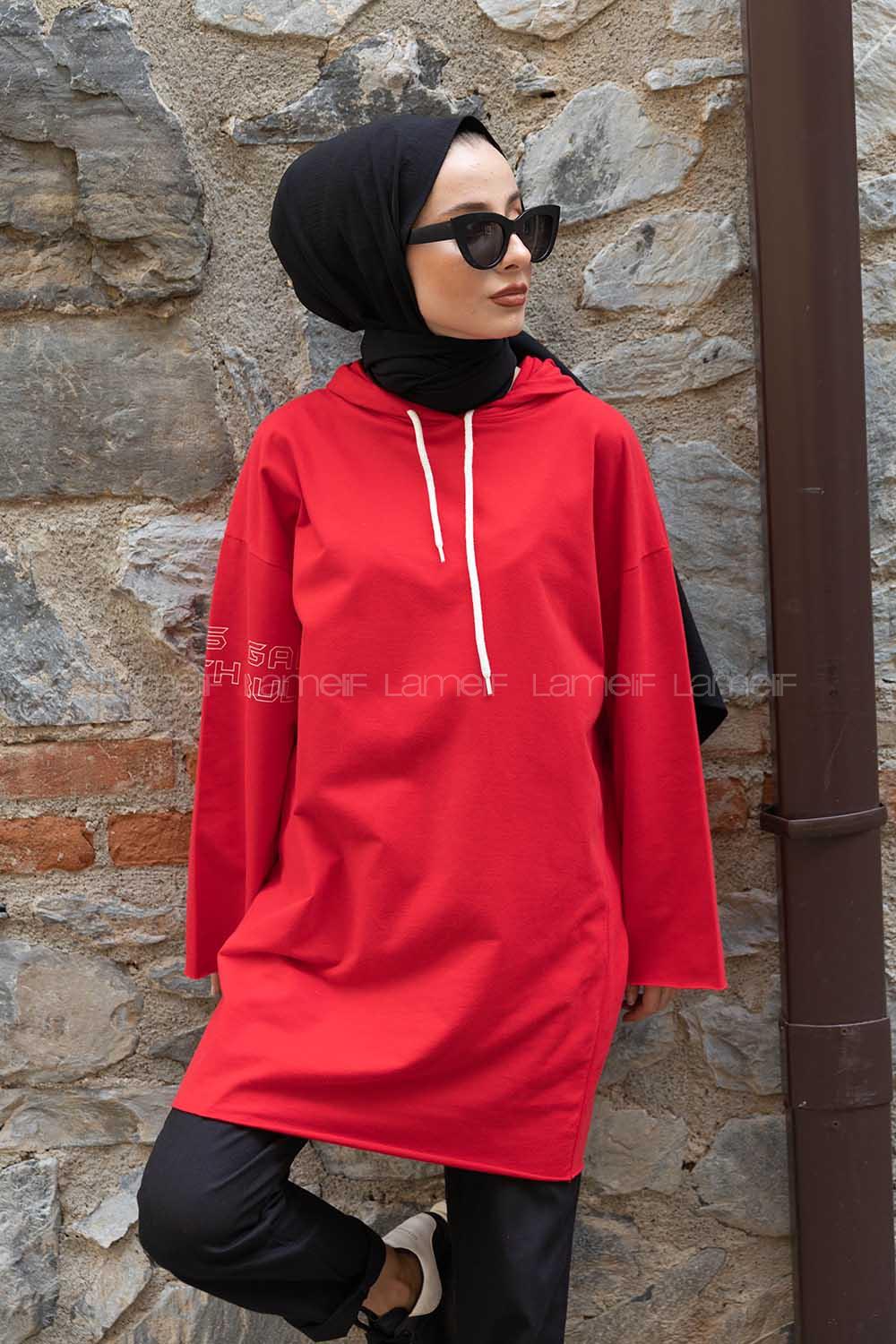 Modalamelif Kolu Baskılı Sweatshirt Kırmızı