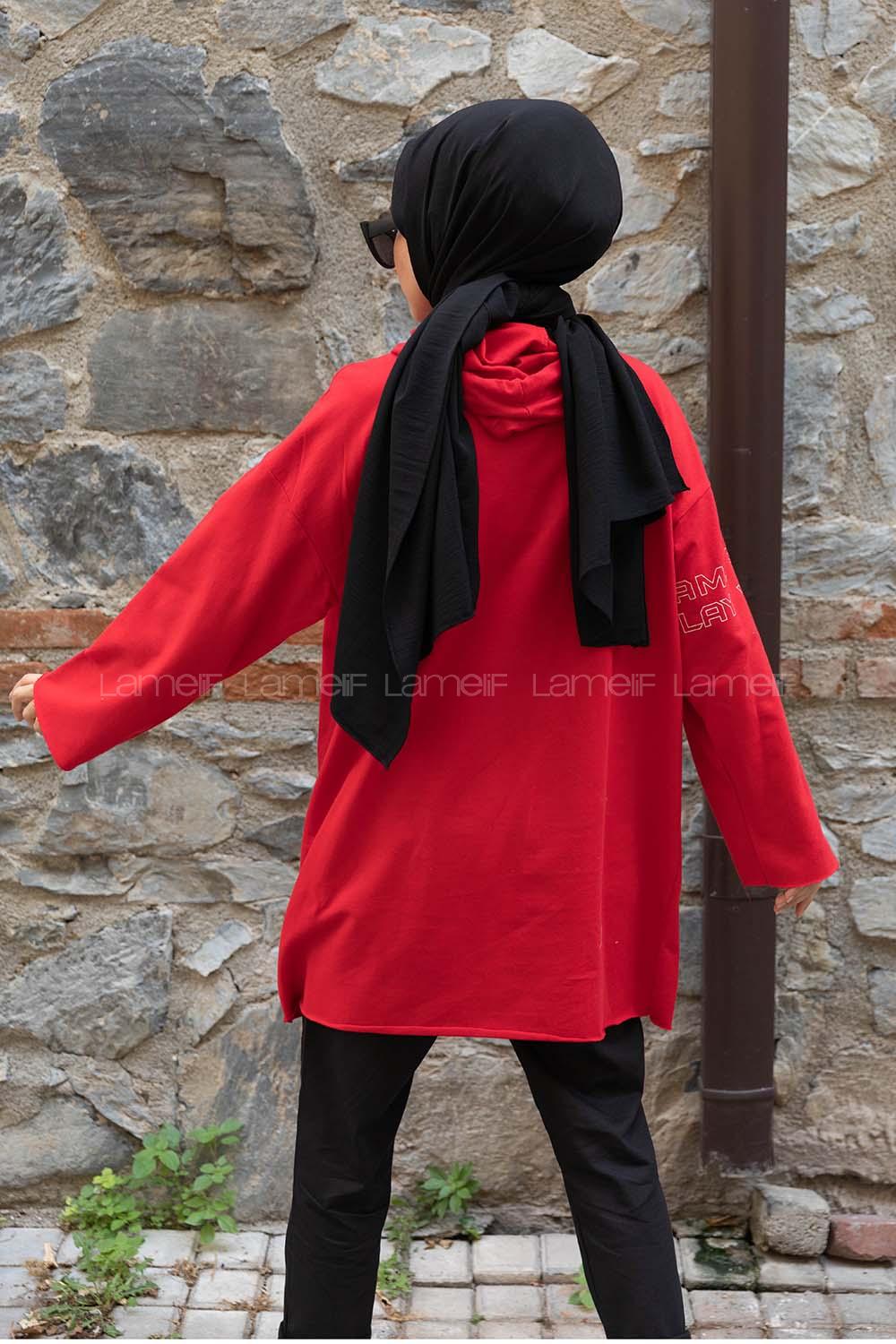 Modalamelif Kolu Baskılı Sweatshirt Kırmızı