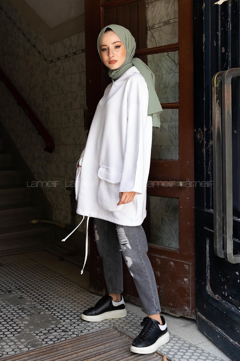 Modalamelif Körük Cepli Sweatshirt Beyaz