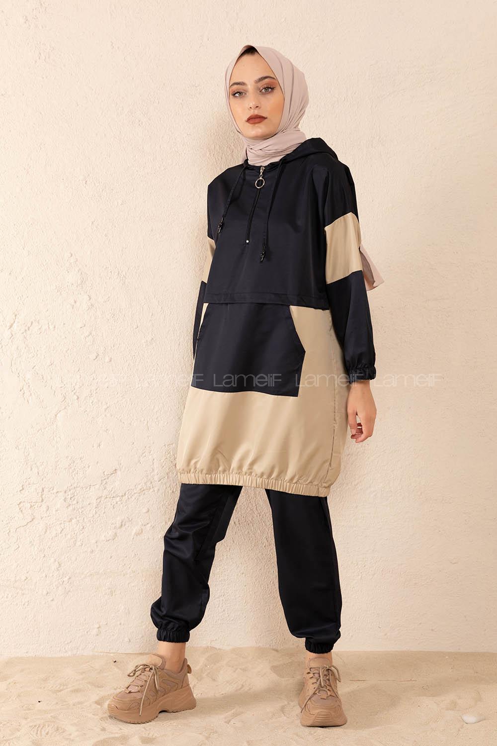 Modalamelif Yarım Fermuarlı Garnili Spor Takım Lacivert