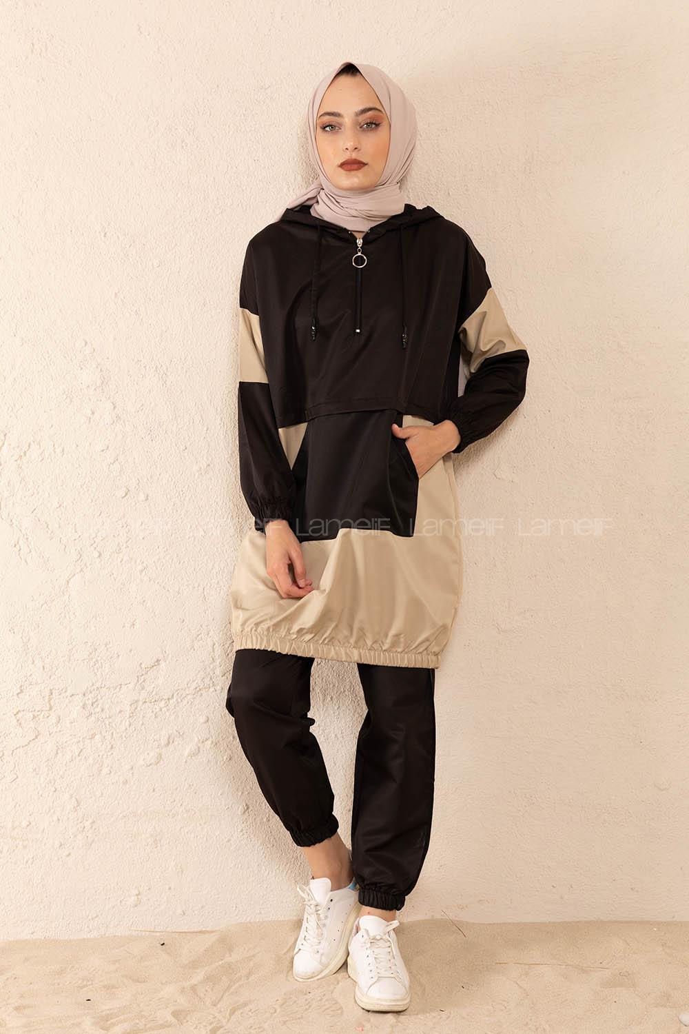 Modalamelif Yarım Fermuarlı Garnili Spor Takım Siyah