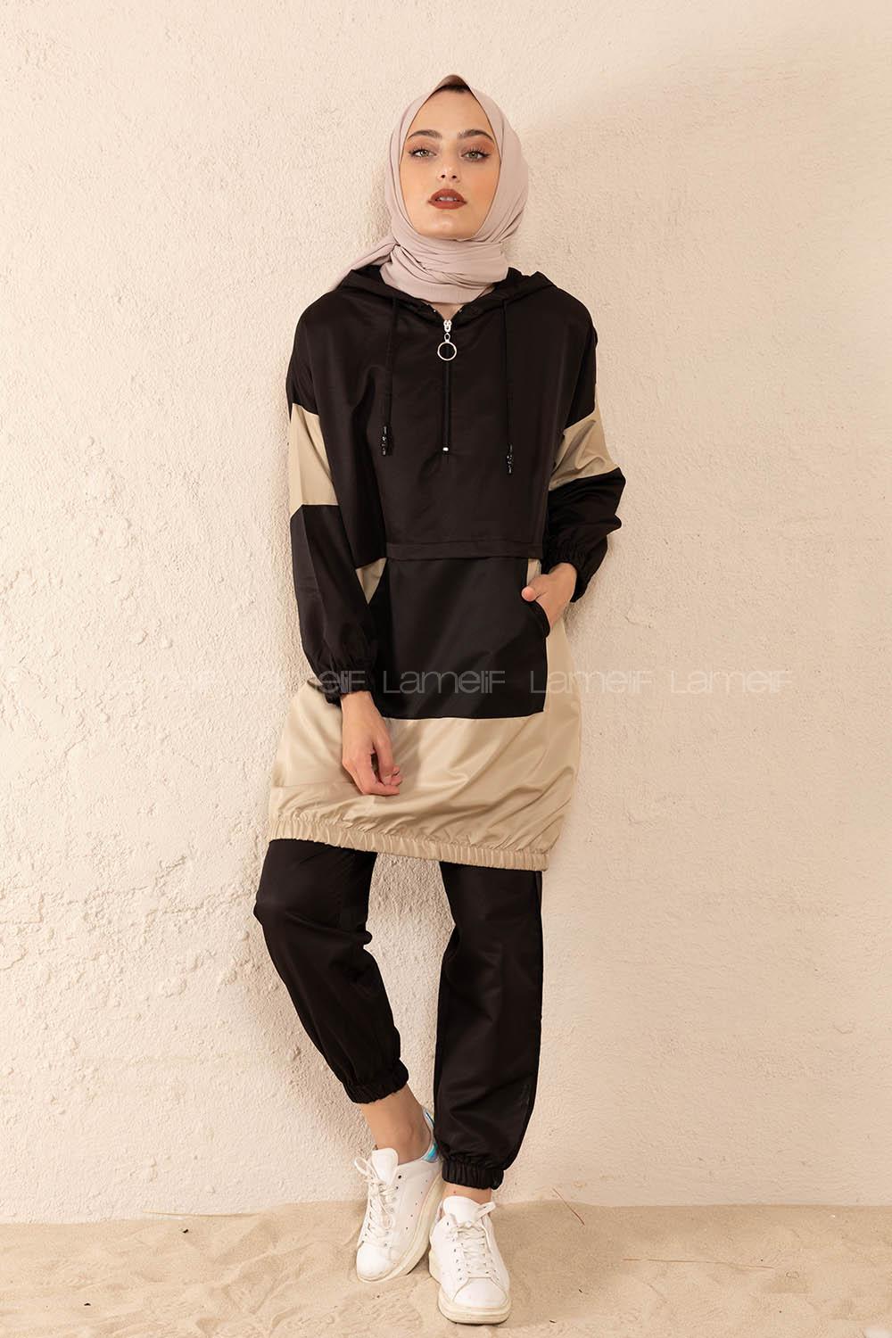 Modalamelif Yarım Fermuarlı Garnili Spor Takım Siyah