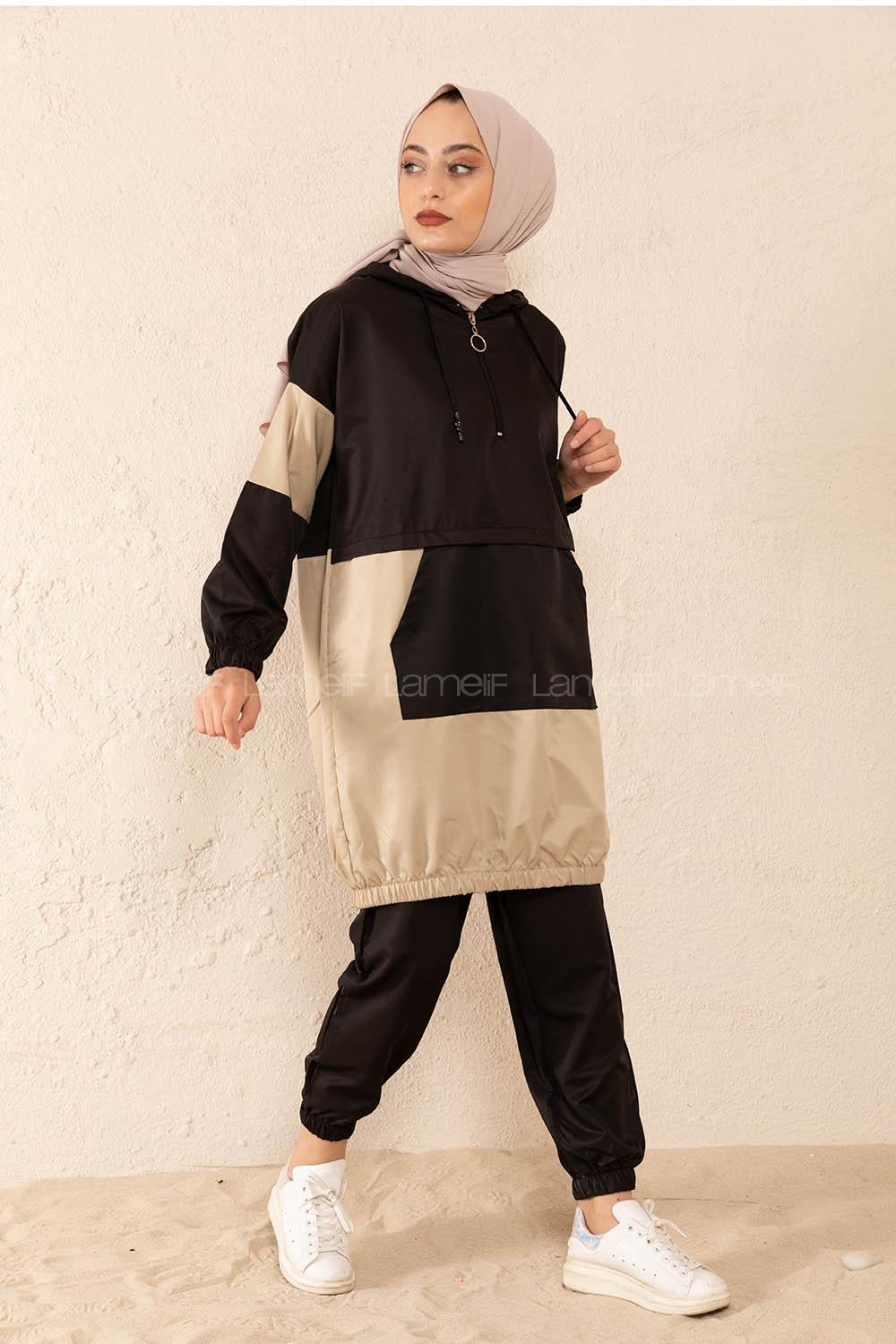 Modalamelif Yarım Fermuarlı Garnili Spor Takım Siyah