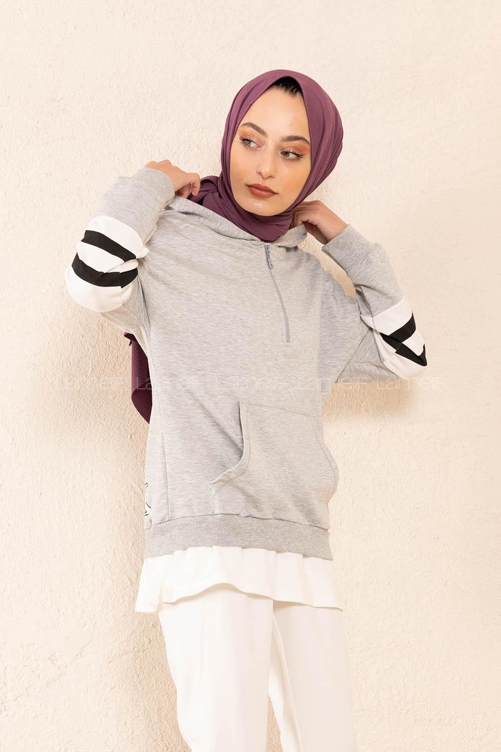 Modalamelif Yarım Fermuarlı Kol Garnili Tunik Gri