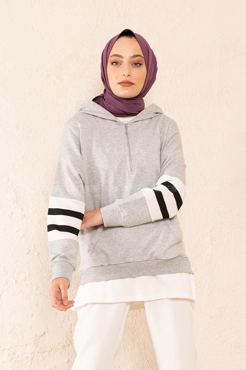 Modalamelif Yarım Fermuarlı Kol Garnili Tunik Gri