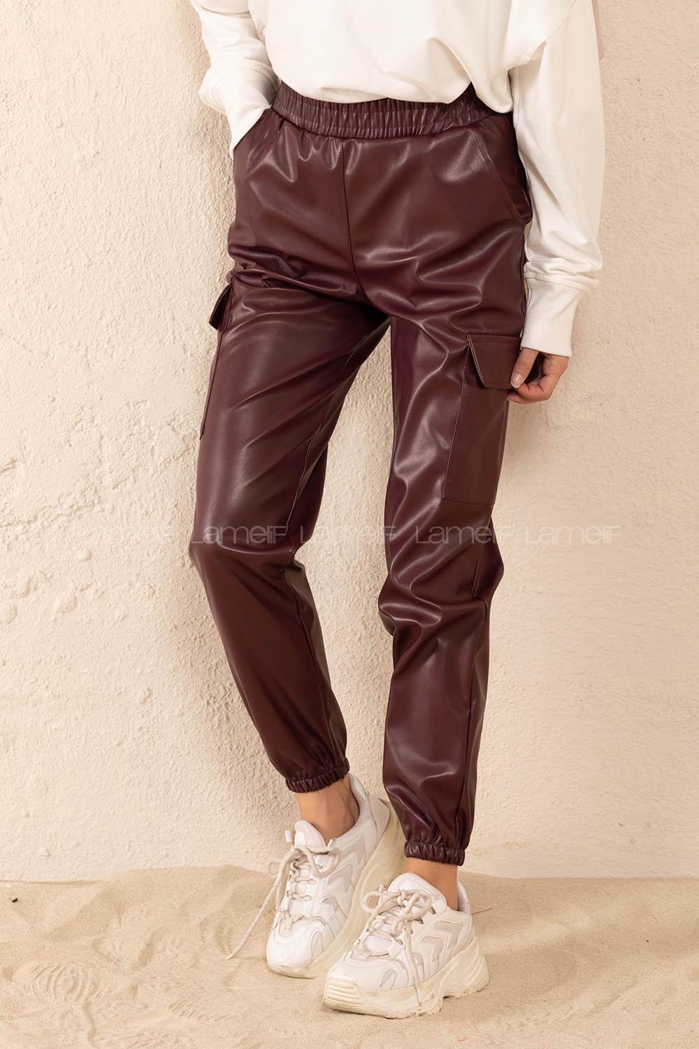 Modalamelif Bel Lastikli Deri Kargo Pantolon Bordo