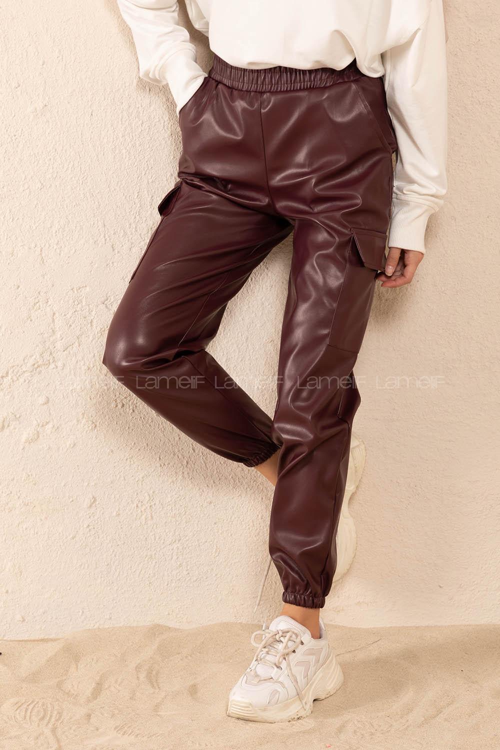 Modalamelif Bel Lastikli Deri Kargo Pantolon Bordo