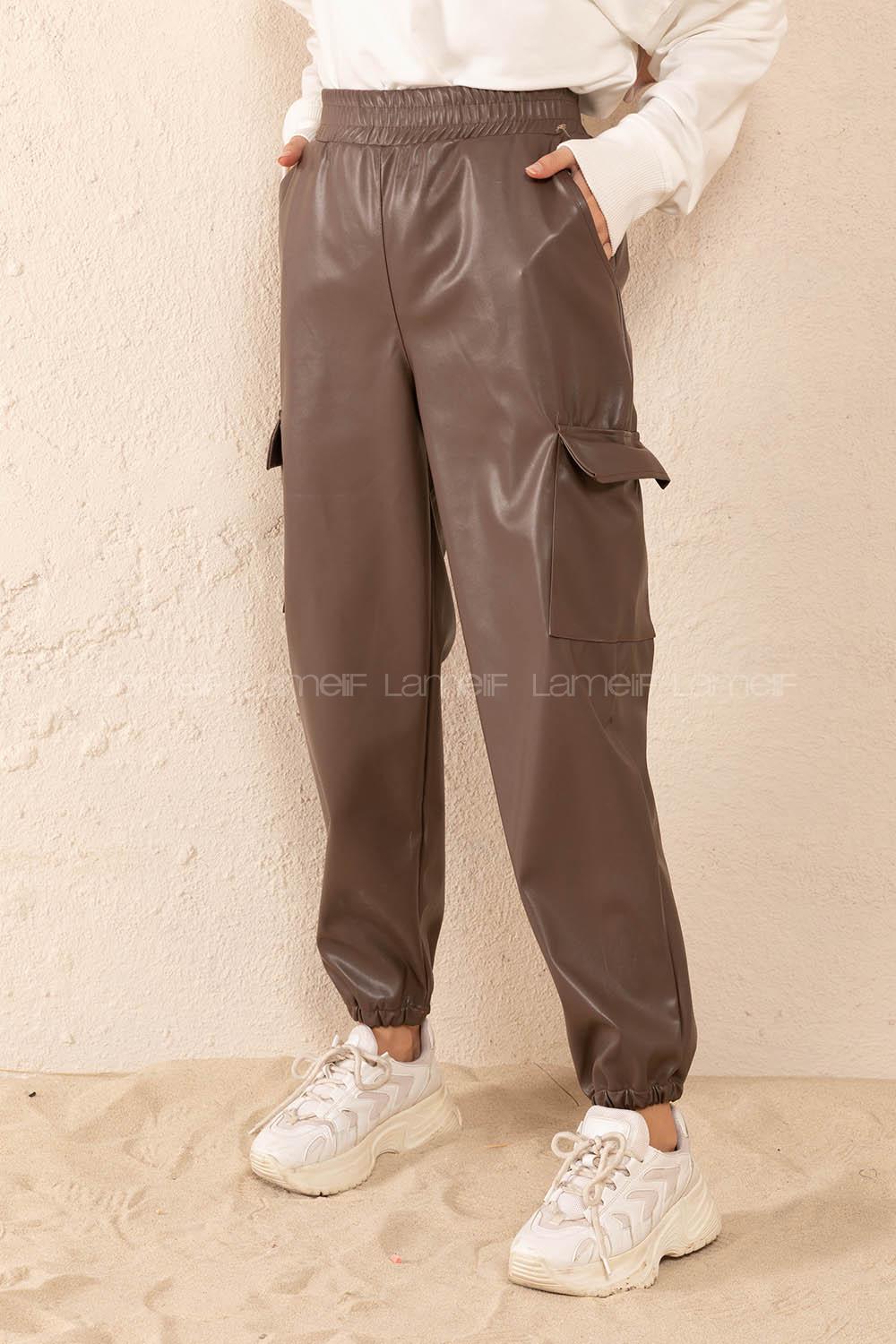 Modalamelif Bel Lastikli Deri Kargo Pantolon Kahve