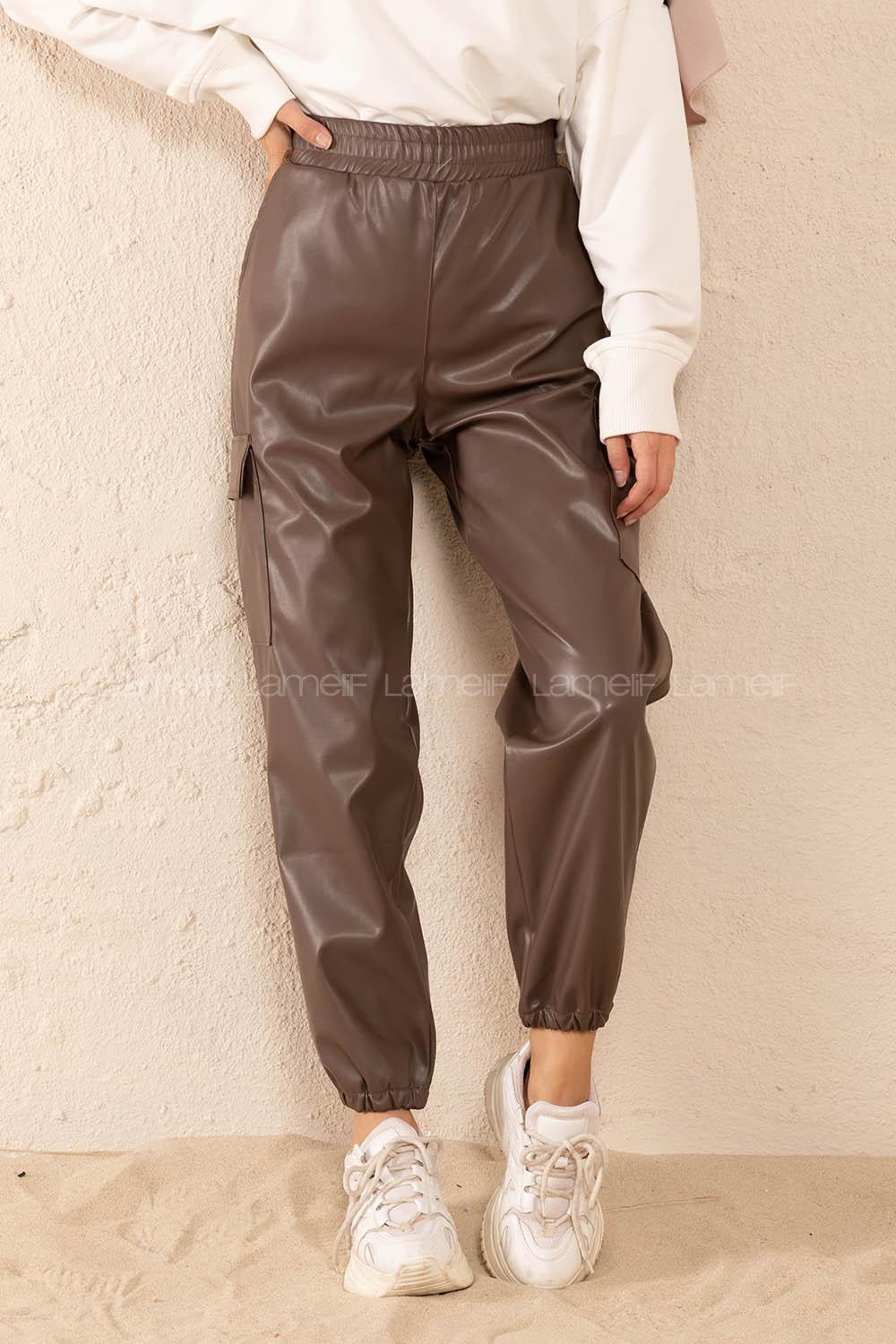 Modalamelif Bel Lastikli Deri Kargo Pantolon Kahve