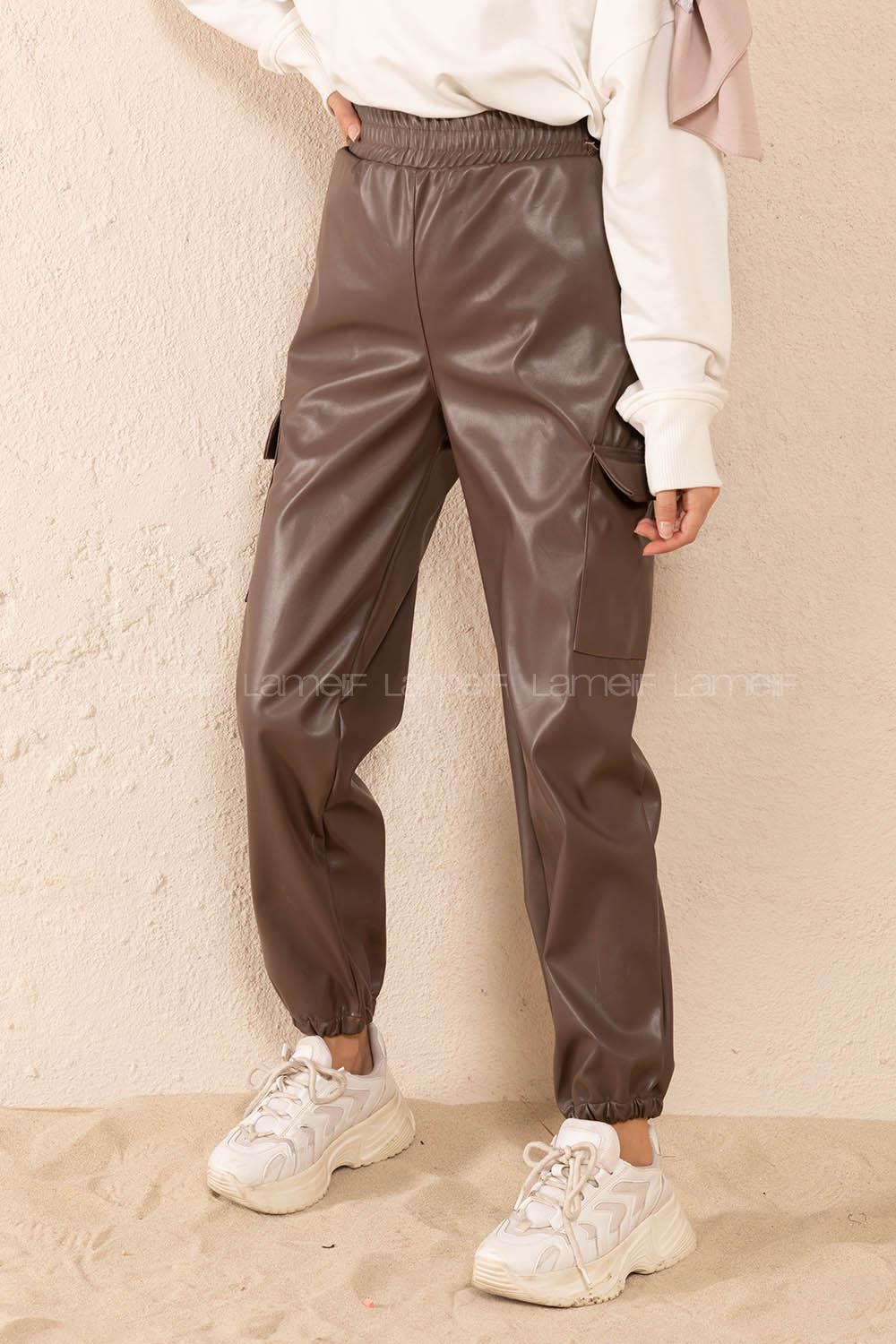 Modalamelif Bel Lastikli Deri Kargo Pantolon Kahve