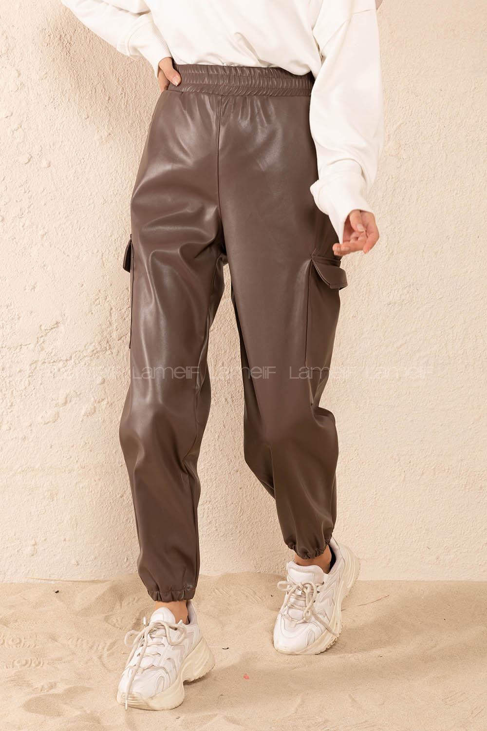 Modalamelif Bel Lastikli Deri Kargo Pantolon Kahve