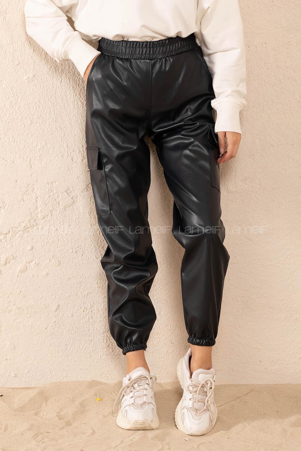 Modalamelif Bel Lastikli Deri Kargo Pantolon Lacivert