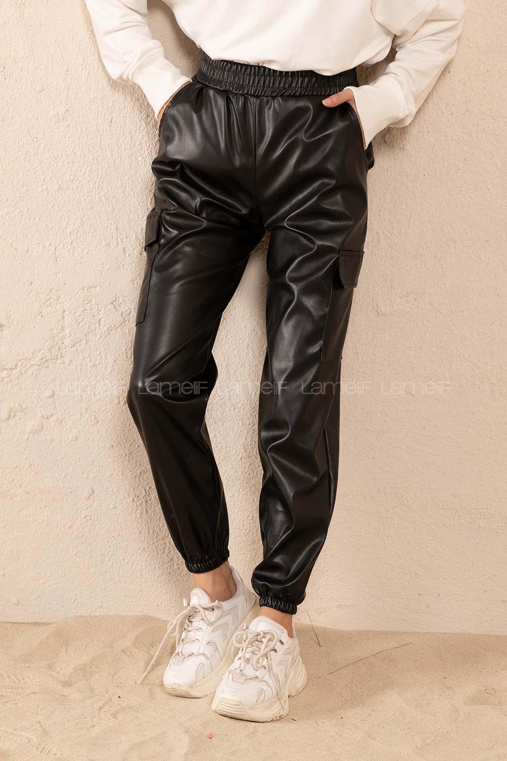 Modalamelif Bel Lastikli Deri Kargo Pantolon Siyah