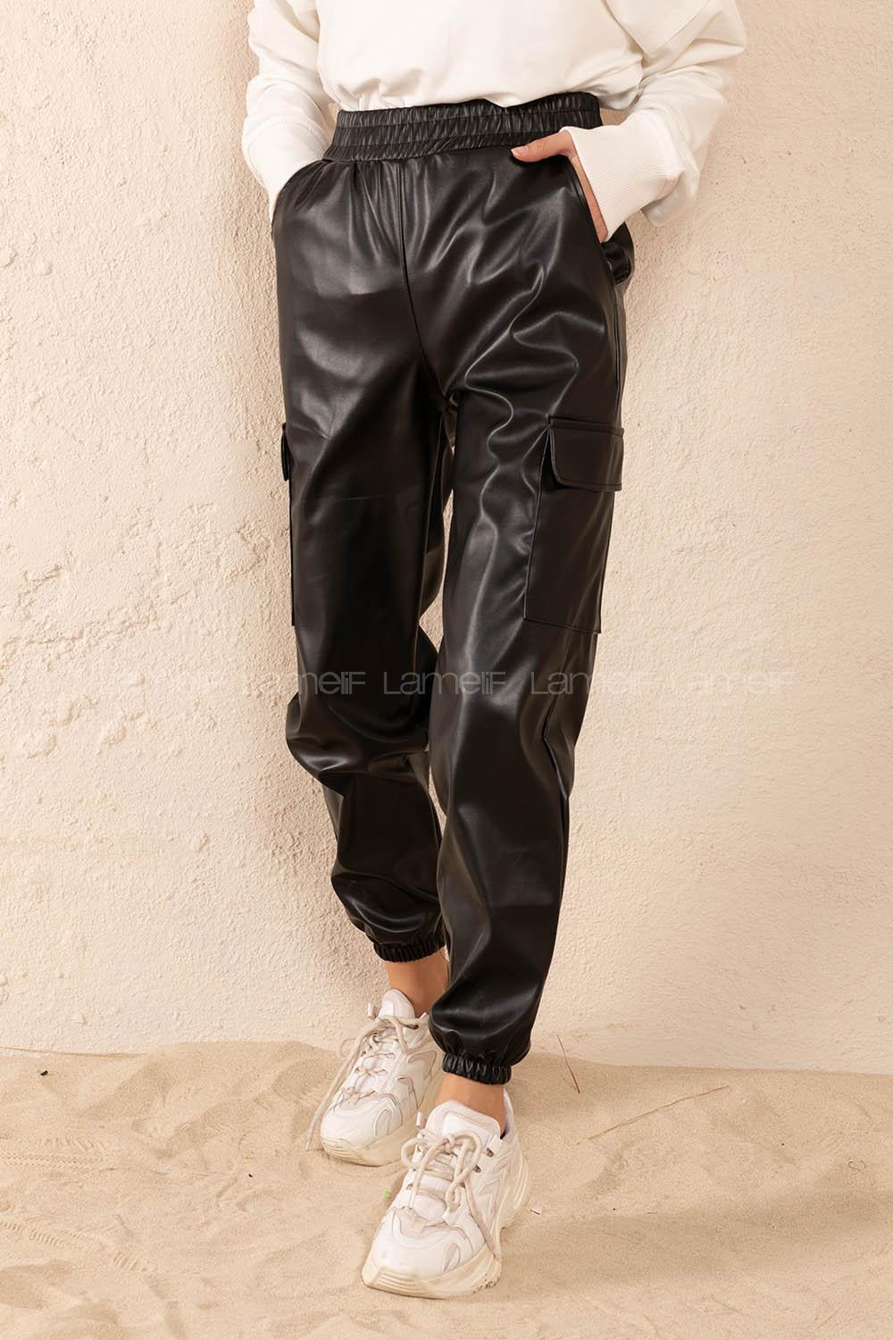 Modalamelif Bel Lastikli Deri Kargo Pantolon Siyah