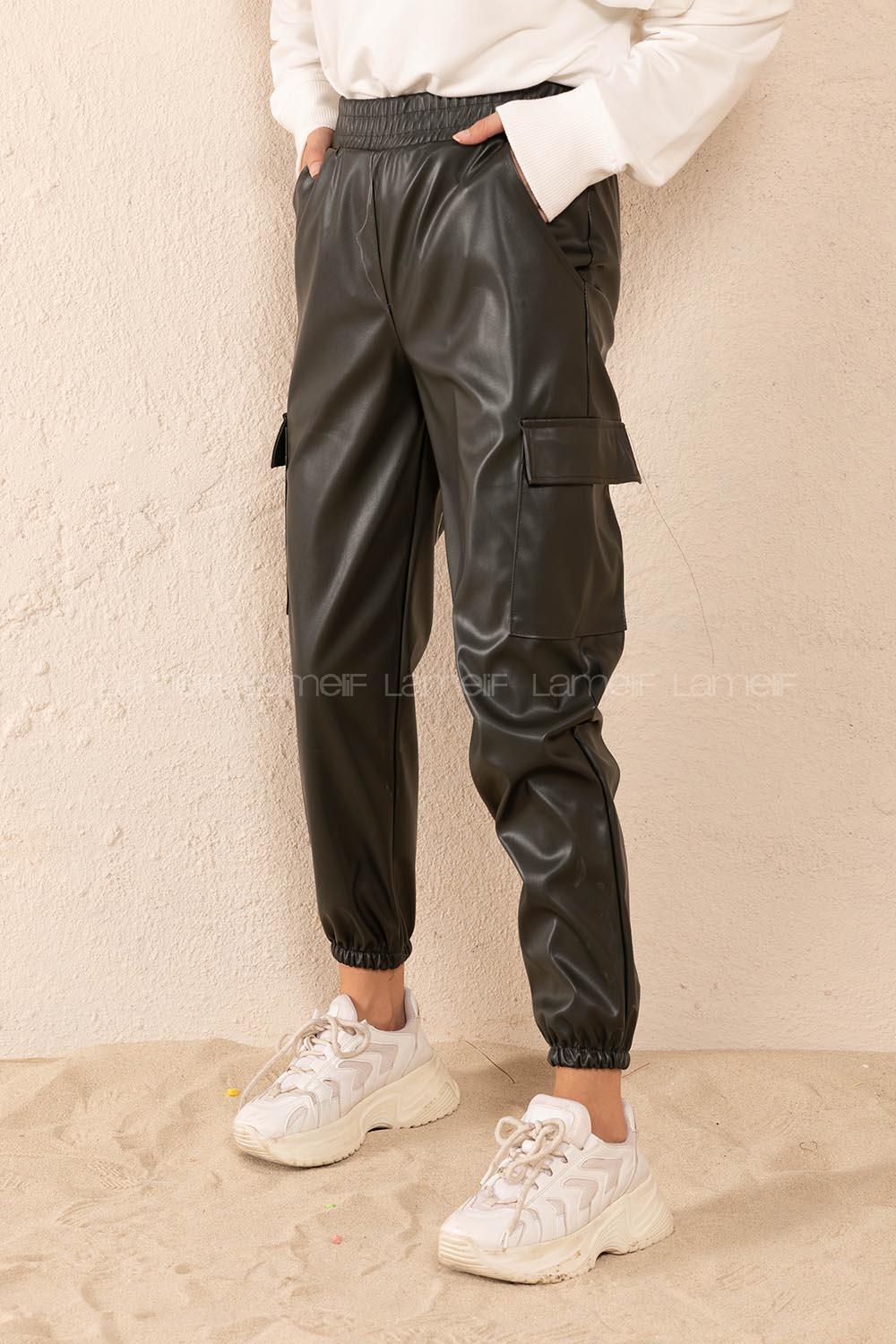 Modalamelif Bel Lastikli Deri Kargo Pantolon Zümrüt