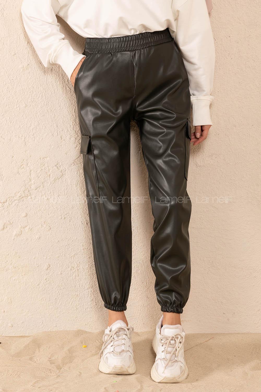 Modalamelif Bel Lastikli Deri Kargo Pantolon Zümrüt