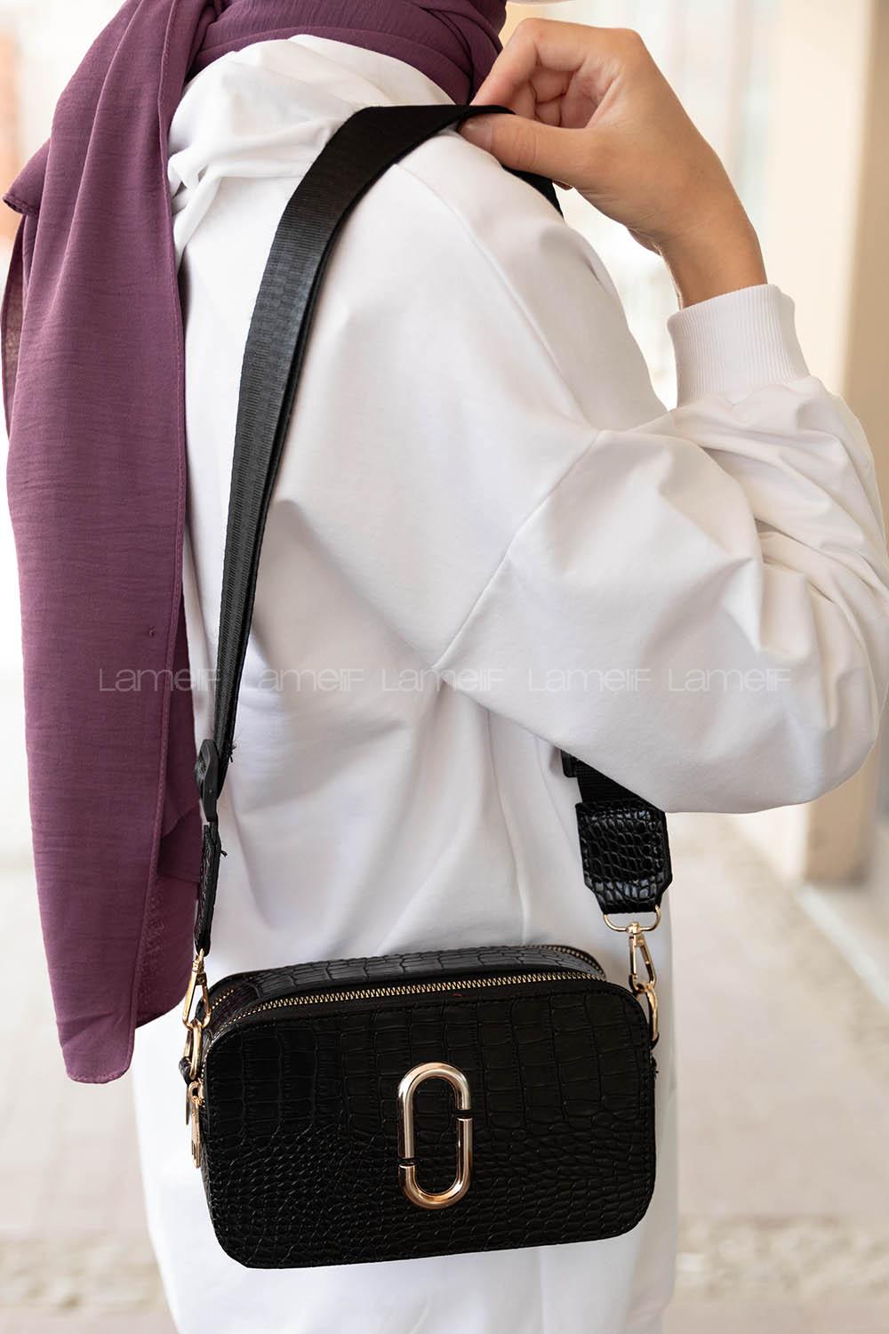 Lamelif Deri Görünümlü Metal Detay Trok Çanta Siyah