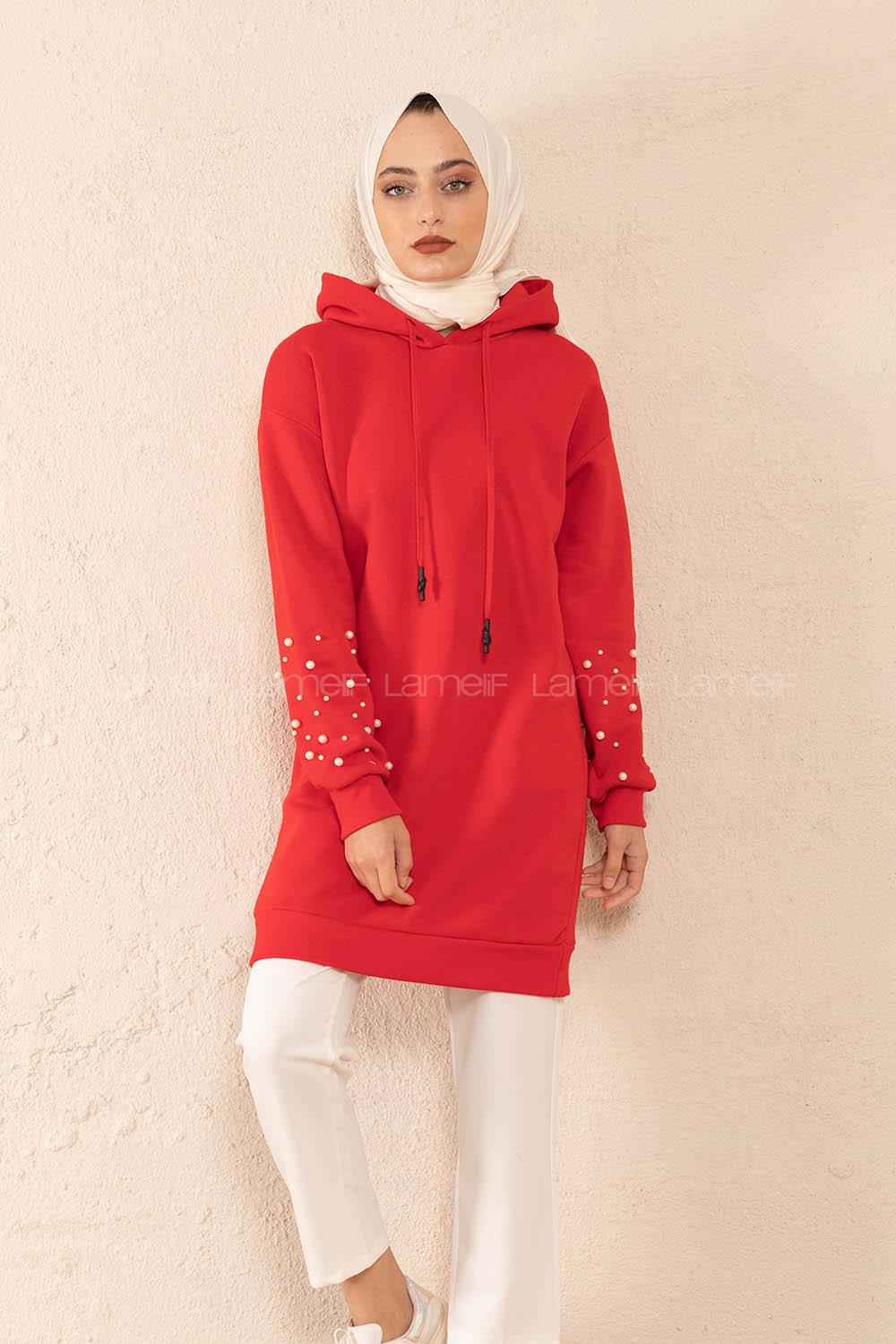 Modalamelif Düz Renk Kol İncili Sweatshirt Kırmızı