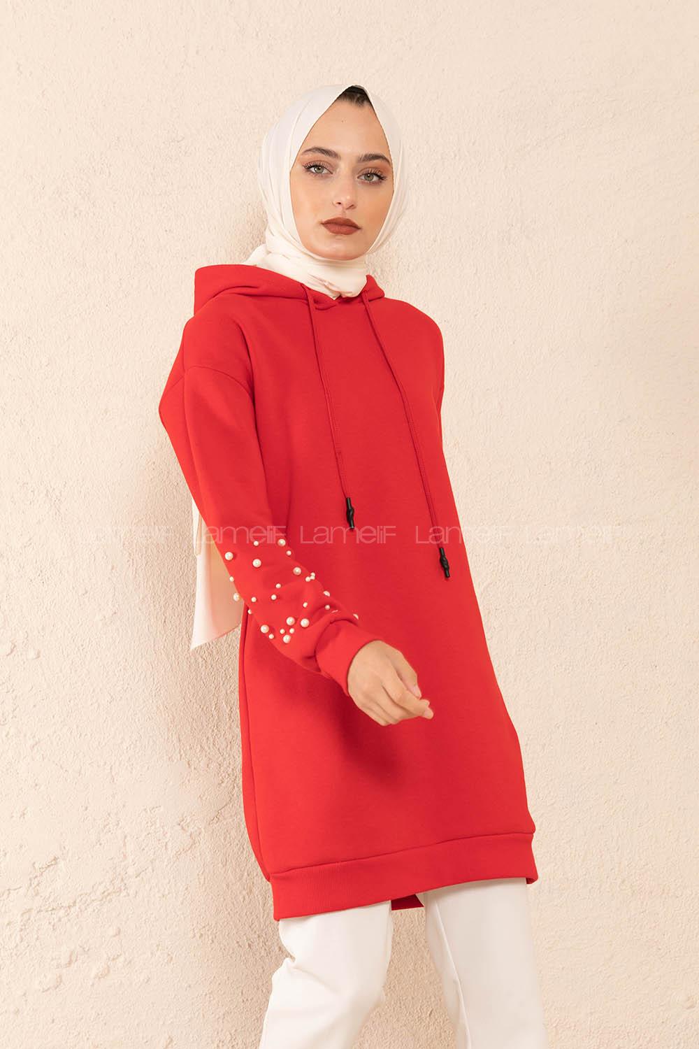 Modalamelif Düz Renk Kol İncili Sweatshirt Kırmızı