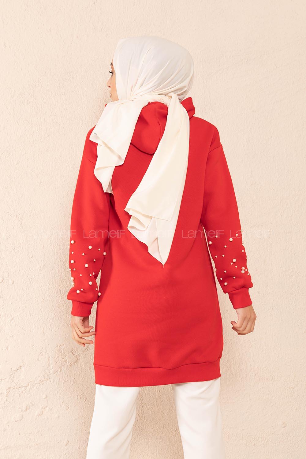 Modalamelif Düz Renk Kol İncili Sweatshirt Kırmızı