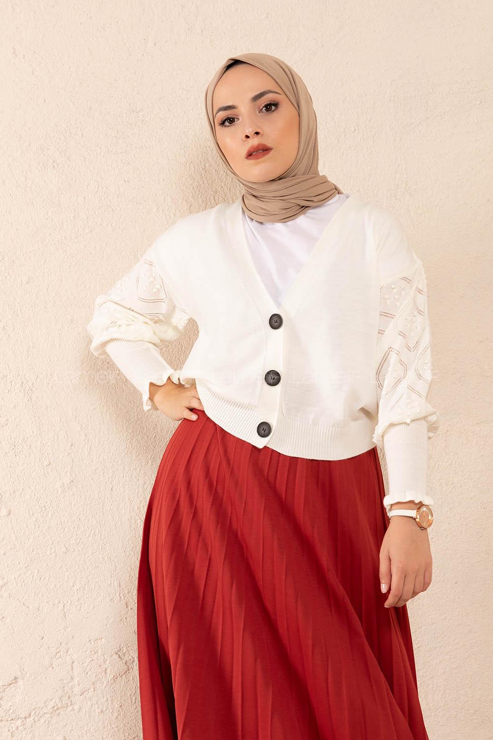 Modalamelif Ön Düğmeli Balon Kol Triko Hırka Beyaz