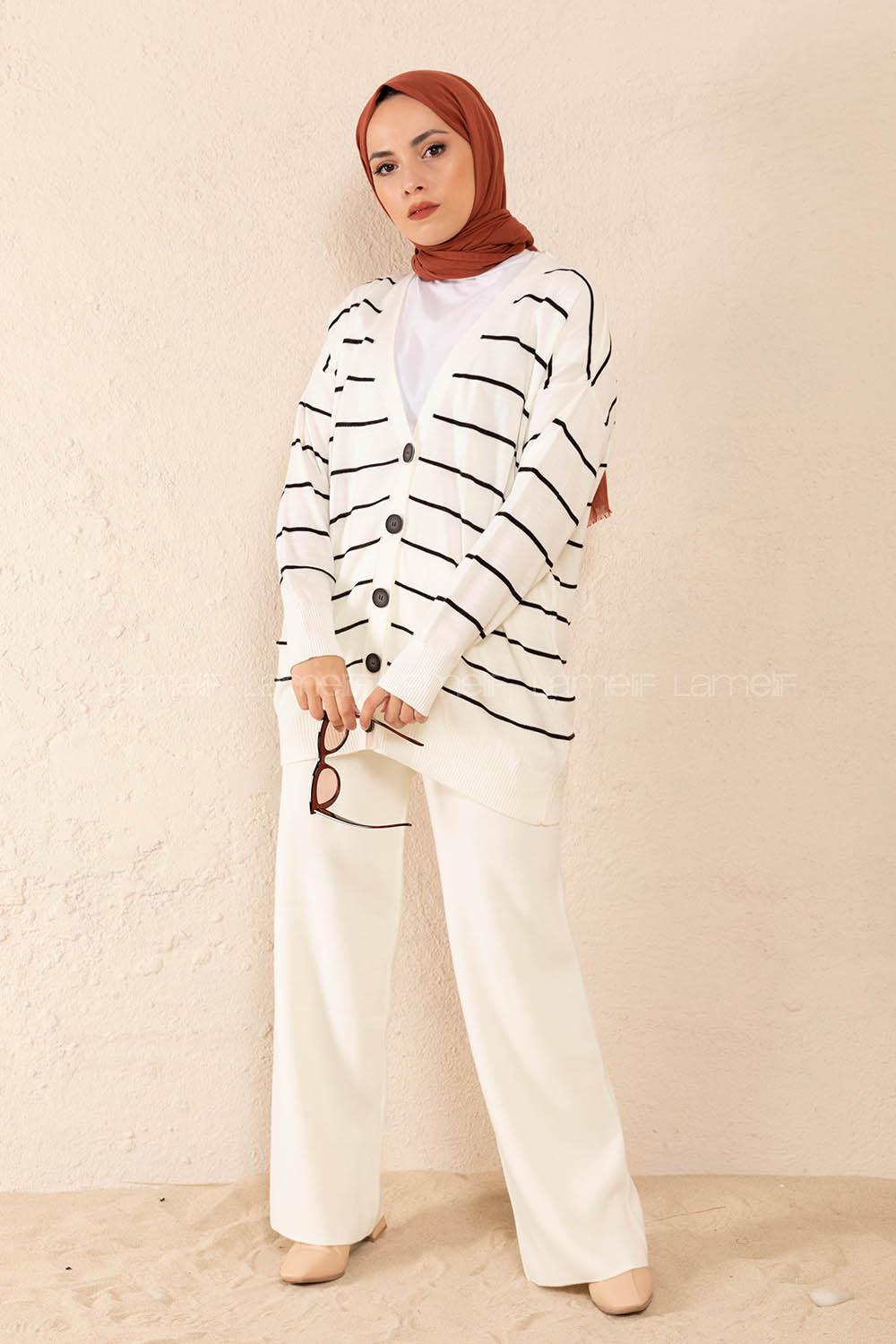 Modalamelif Ön Düğmeli Çizgili Triko Hırka Beyaz