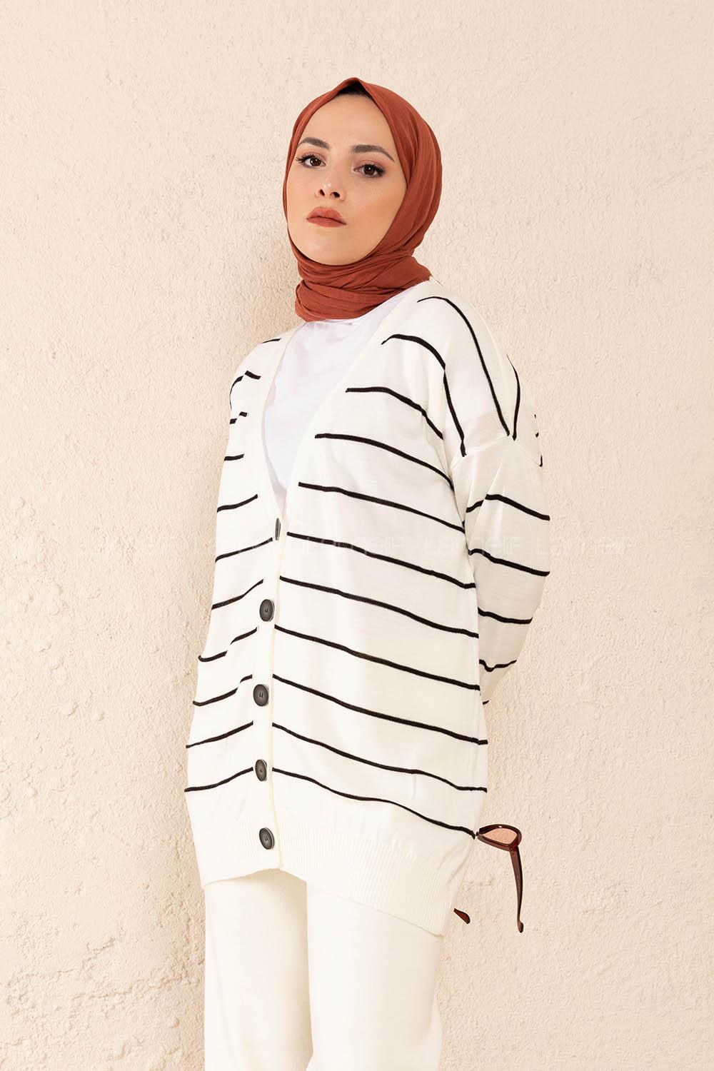 Modalamelif Ön Düğmeli Çizgili Triko Hırka Beyaz