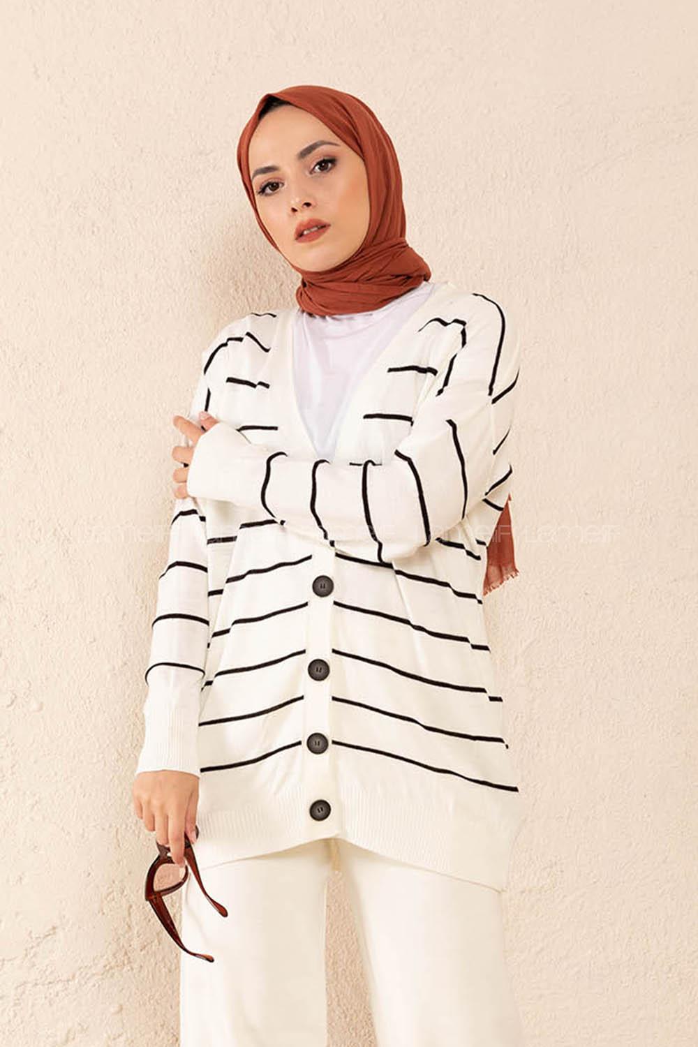Modalamelif Ön Düğmeli Çizgili Triko Hırka Beyaz