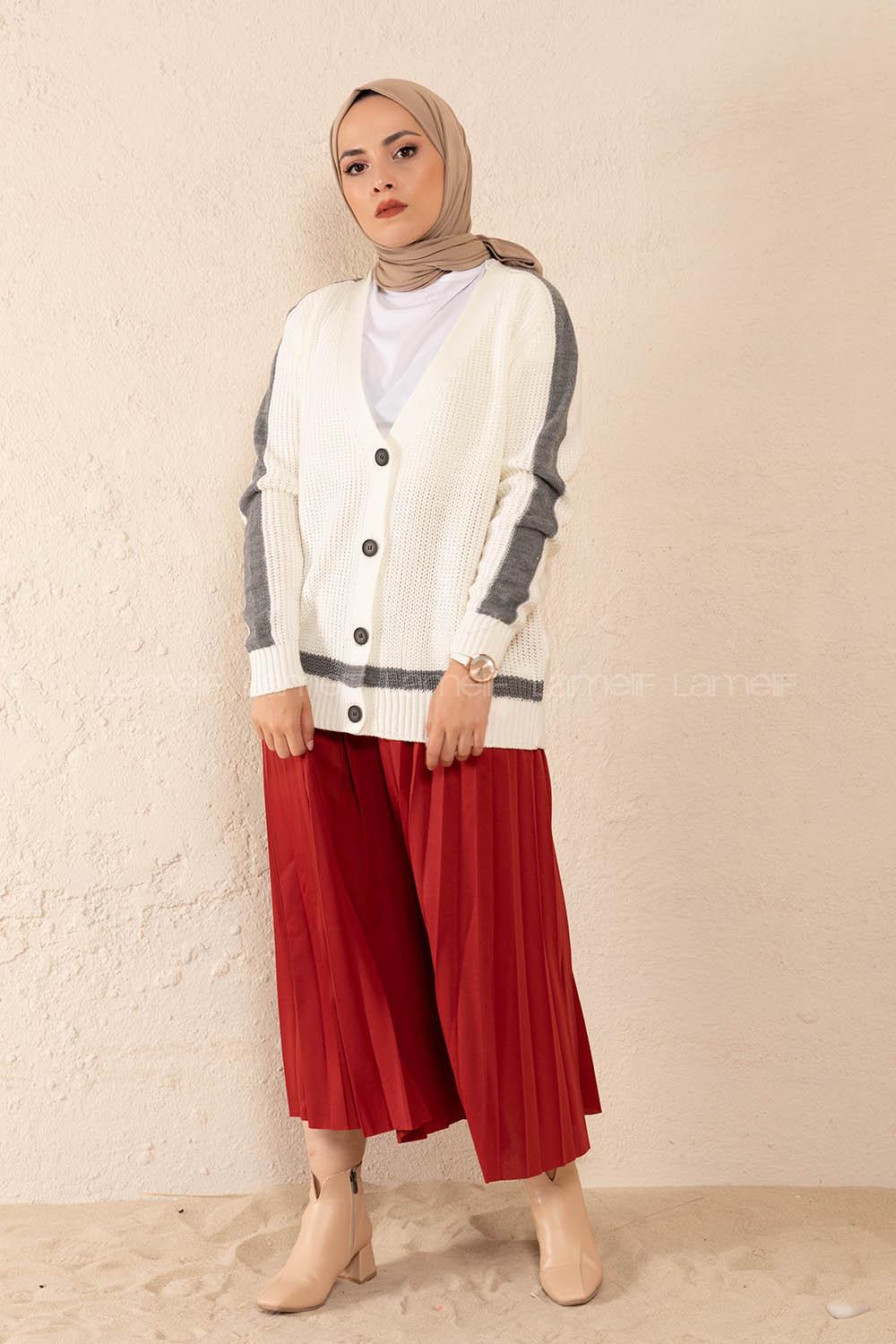 Modalamelif Önü Düğmeli Garnili Hırka Ekru