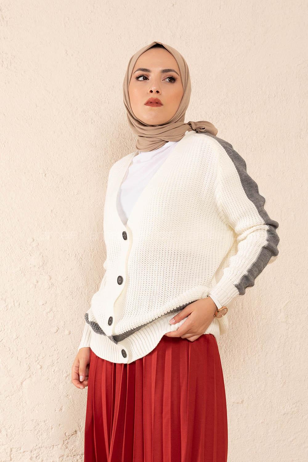 Modalamelif Önü Düğmeli Garnili Hırka Ekru