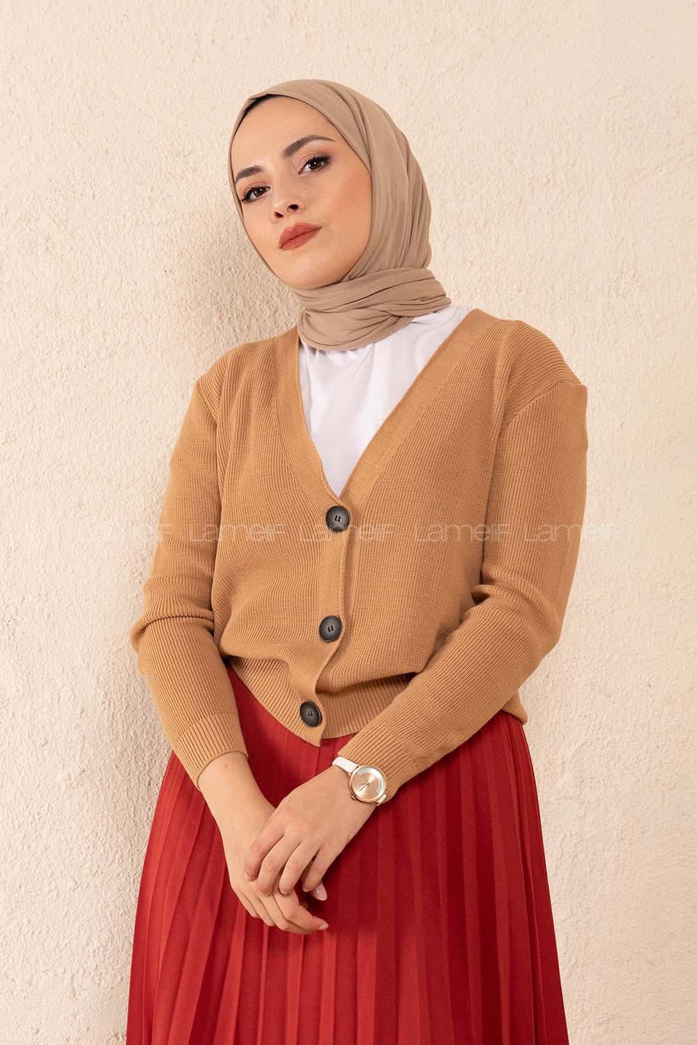 Modalamelif Önü Düğmeli Kısa Hırka Camel