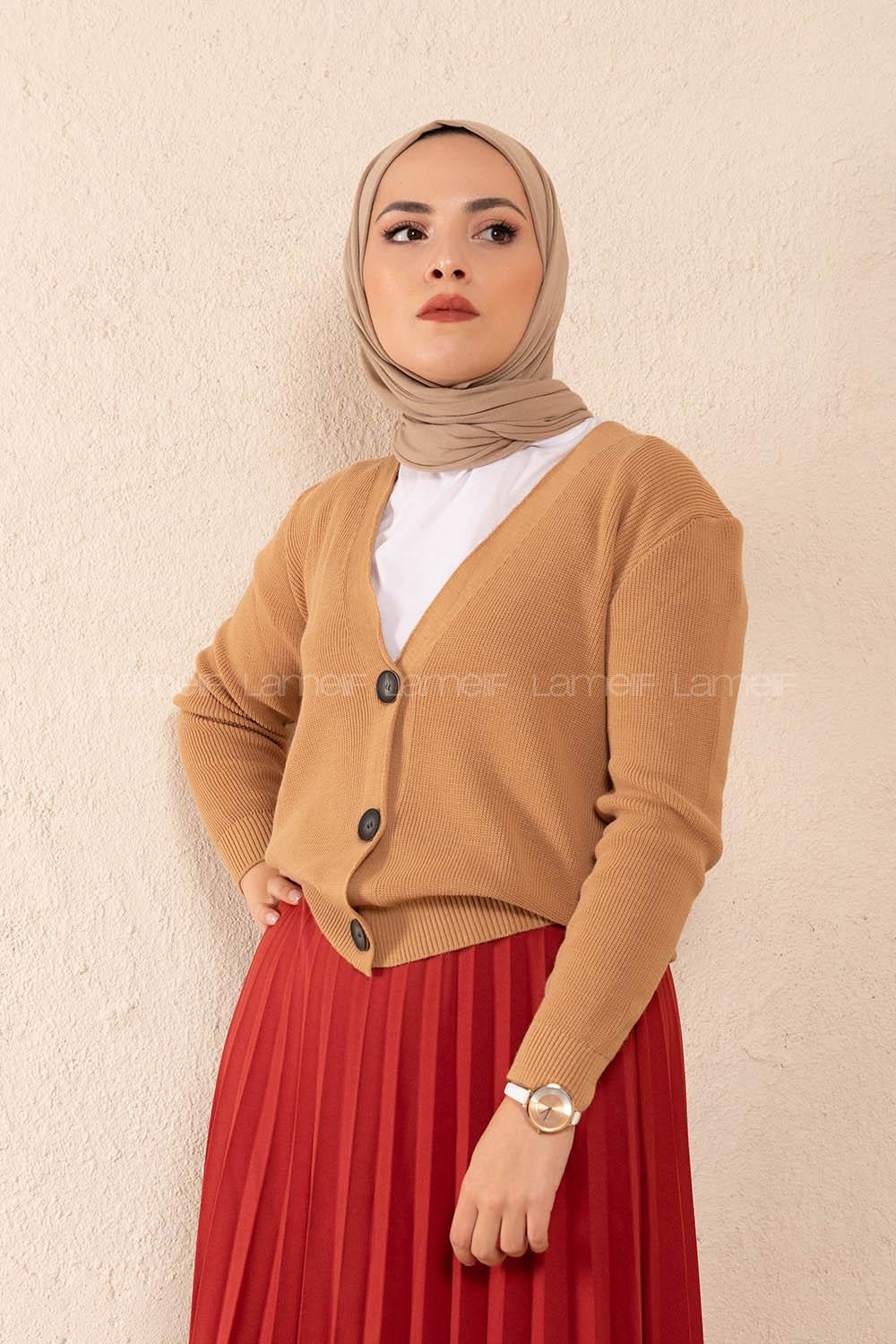 Modalamelif Önü Düğmeli Kısa Hırka Camel