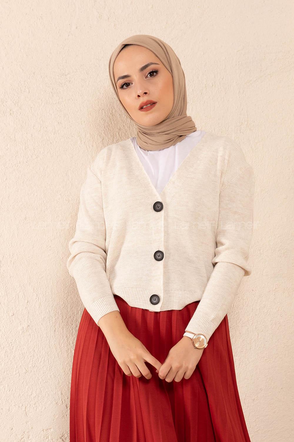 Modalamelif Önü Düğmeli Kısa Hırka Ekru