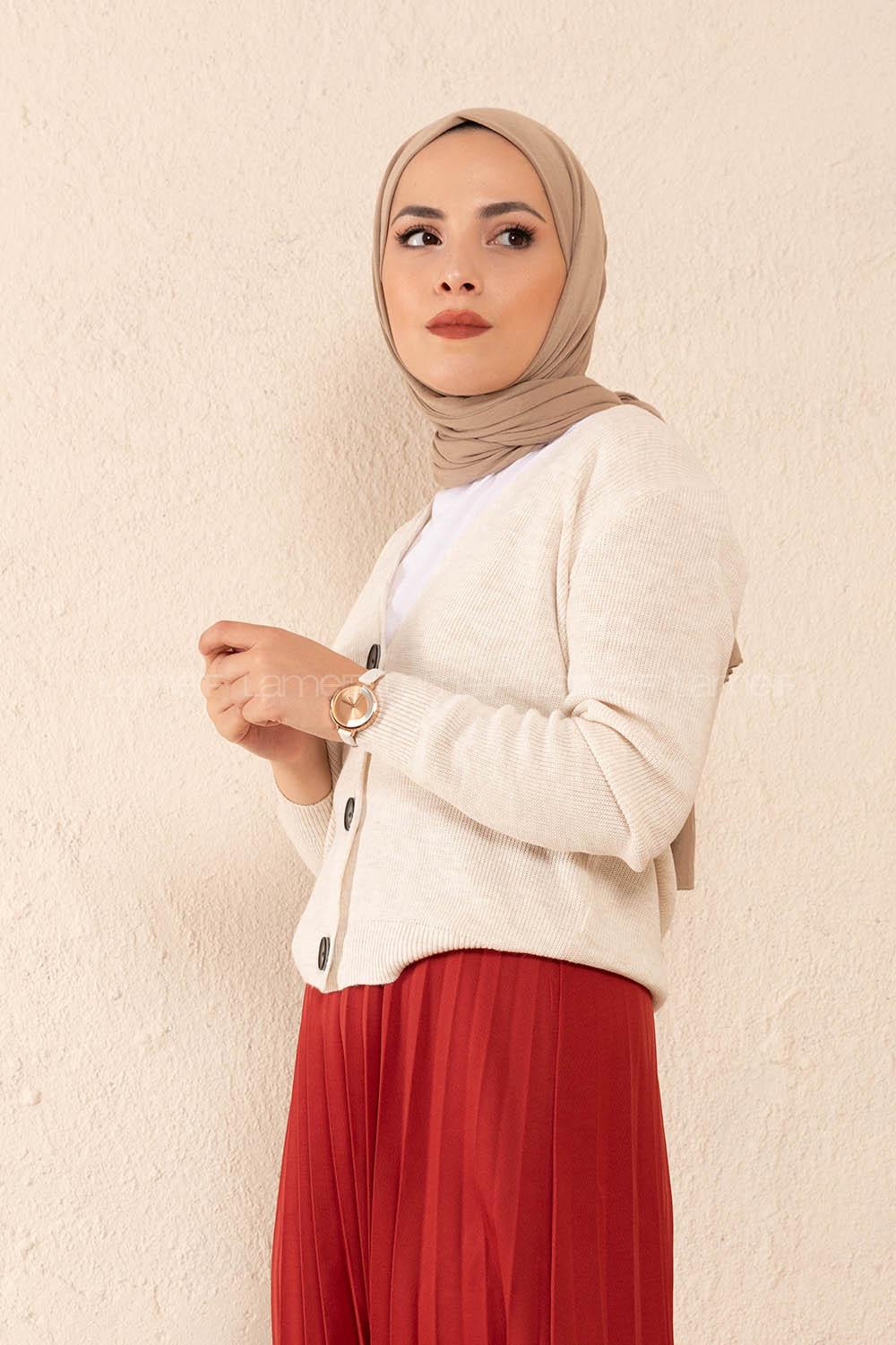 Modalamelif Önü Düğmeli Kısa Hırka Ekru