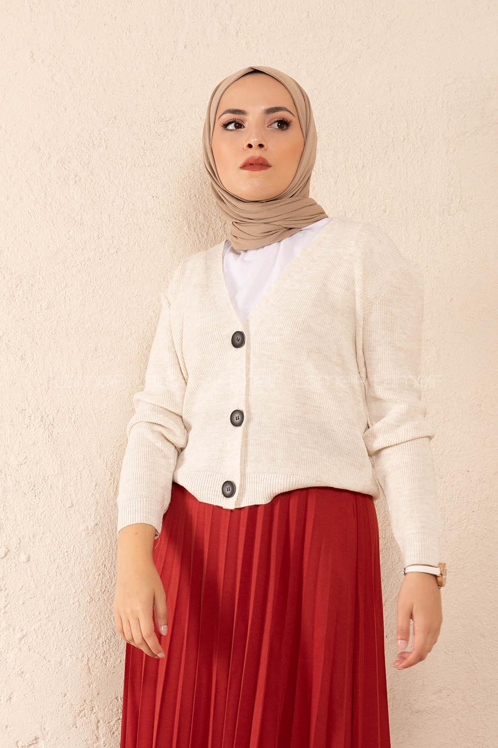 Modalamelif Önü Düğmeli Kısa Hırka Ekru