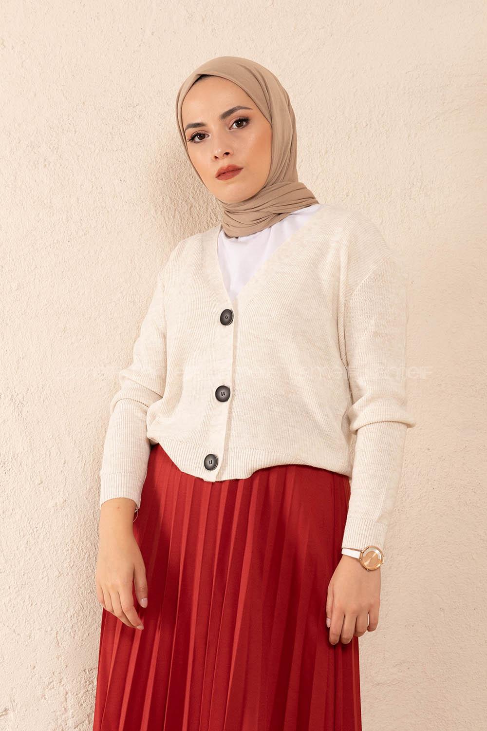 Modalamelif Önü Düğmeli Kısa Hırka Ekru