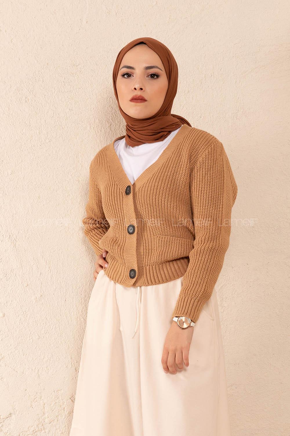 Modalamelif Ön Düğmeli Çift Cep Triko Hırka Camel