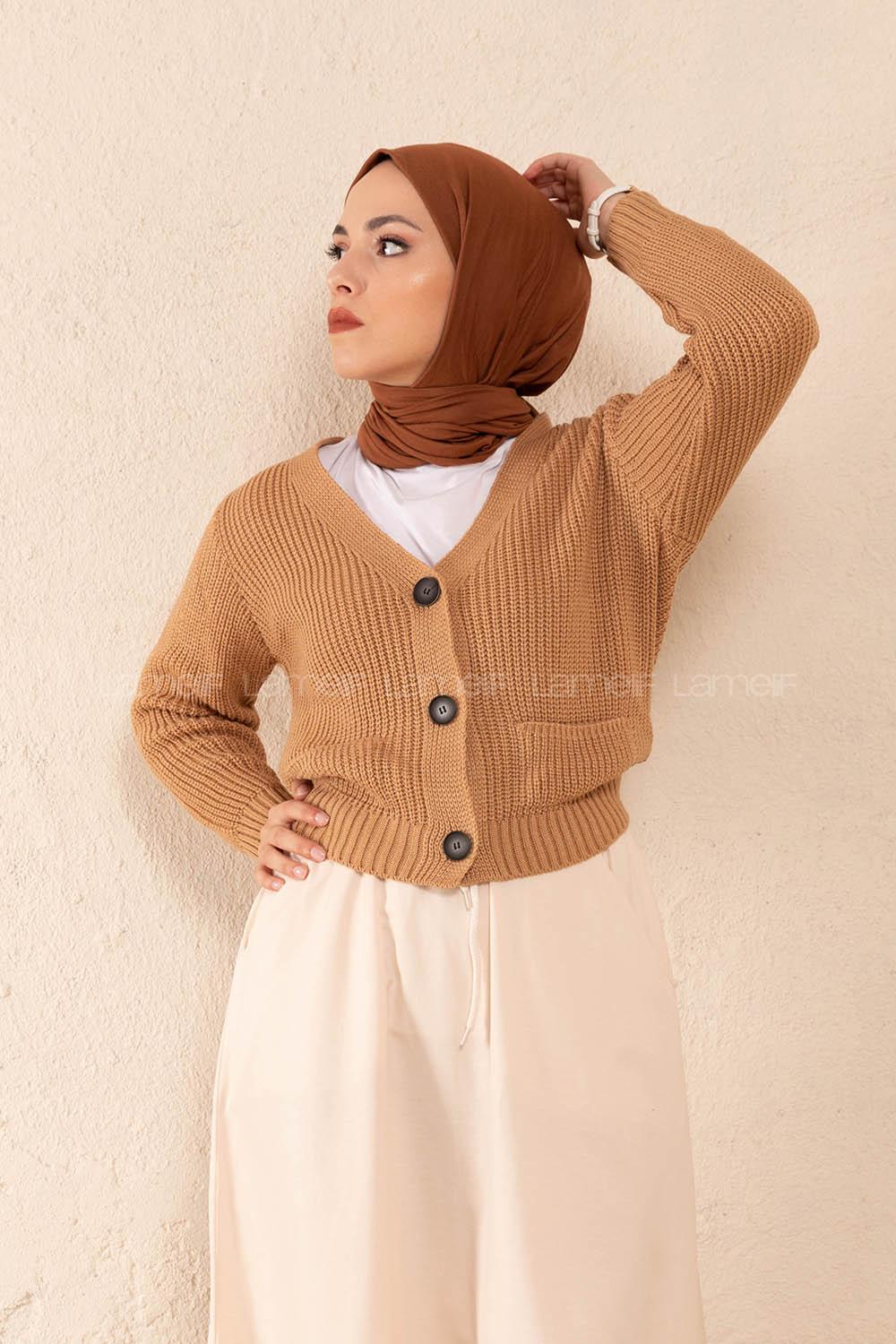 Modalamelif Ön Düğmeli Çift Cep Triko Hırka Camel