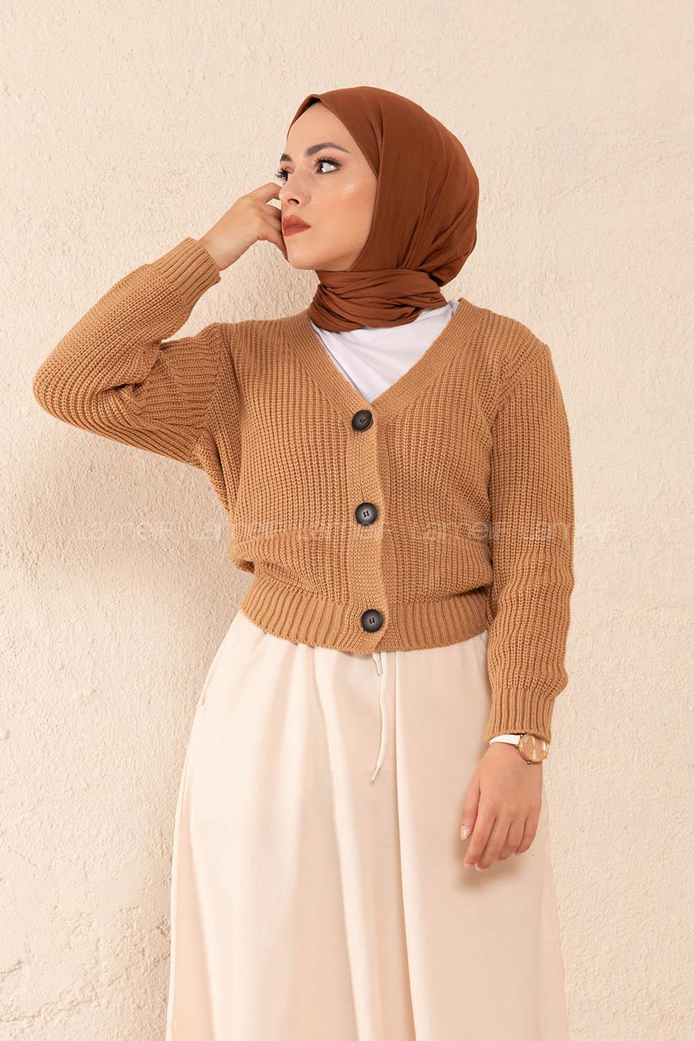 Modalamelif Ön Düğmeli Çift Cep Triko Hırka Camel