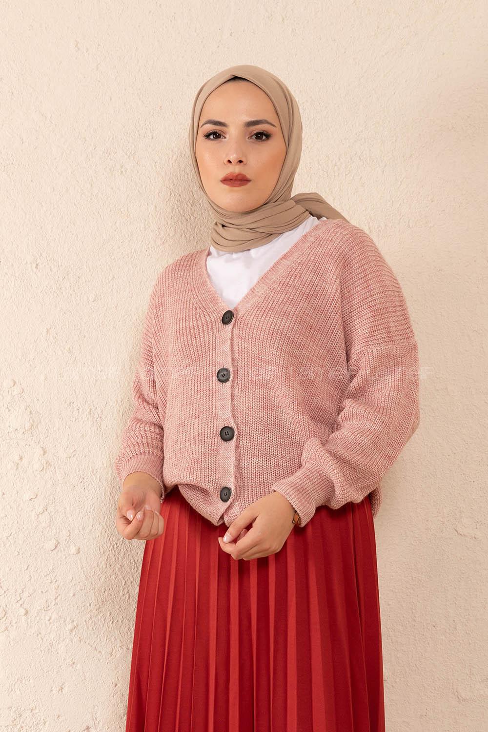 Modalamelif Ön Düğmeli Çift Cep Triko Hırka Pudra